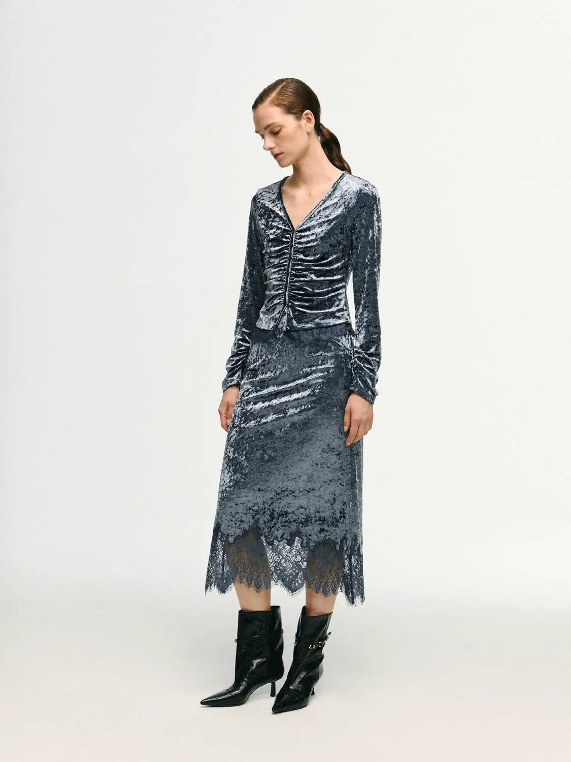 Ruched Textured Lace Hem Fitted V-neck Long Sleeve Blouse