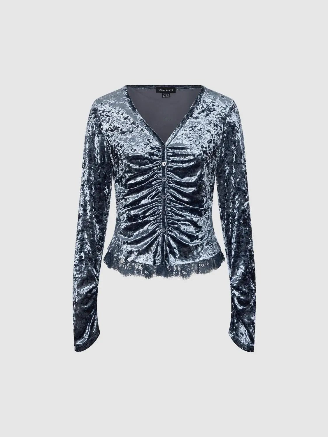 Ruched Textured Lace Hem Fitted V-neck Long Sleeve Blouse