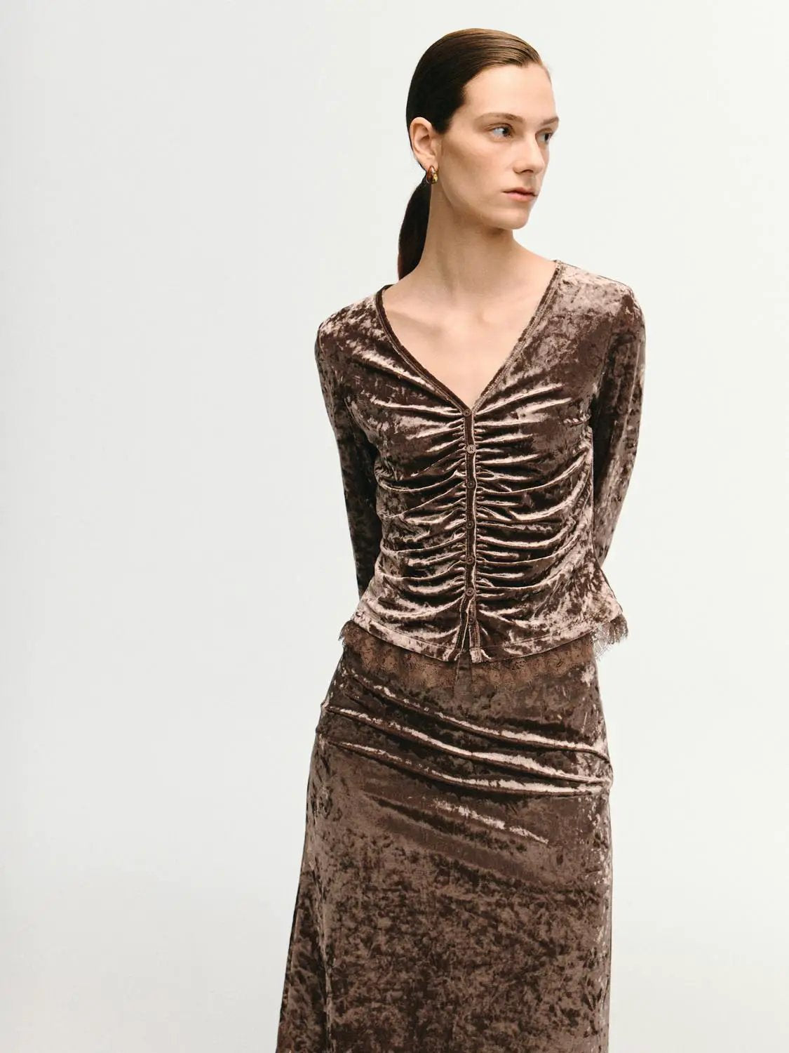 Ruched Textured Lace Hem Fitted V-neck Long Sleeve Blouse