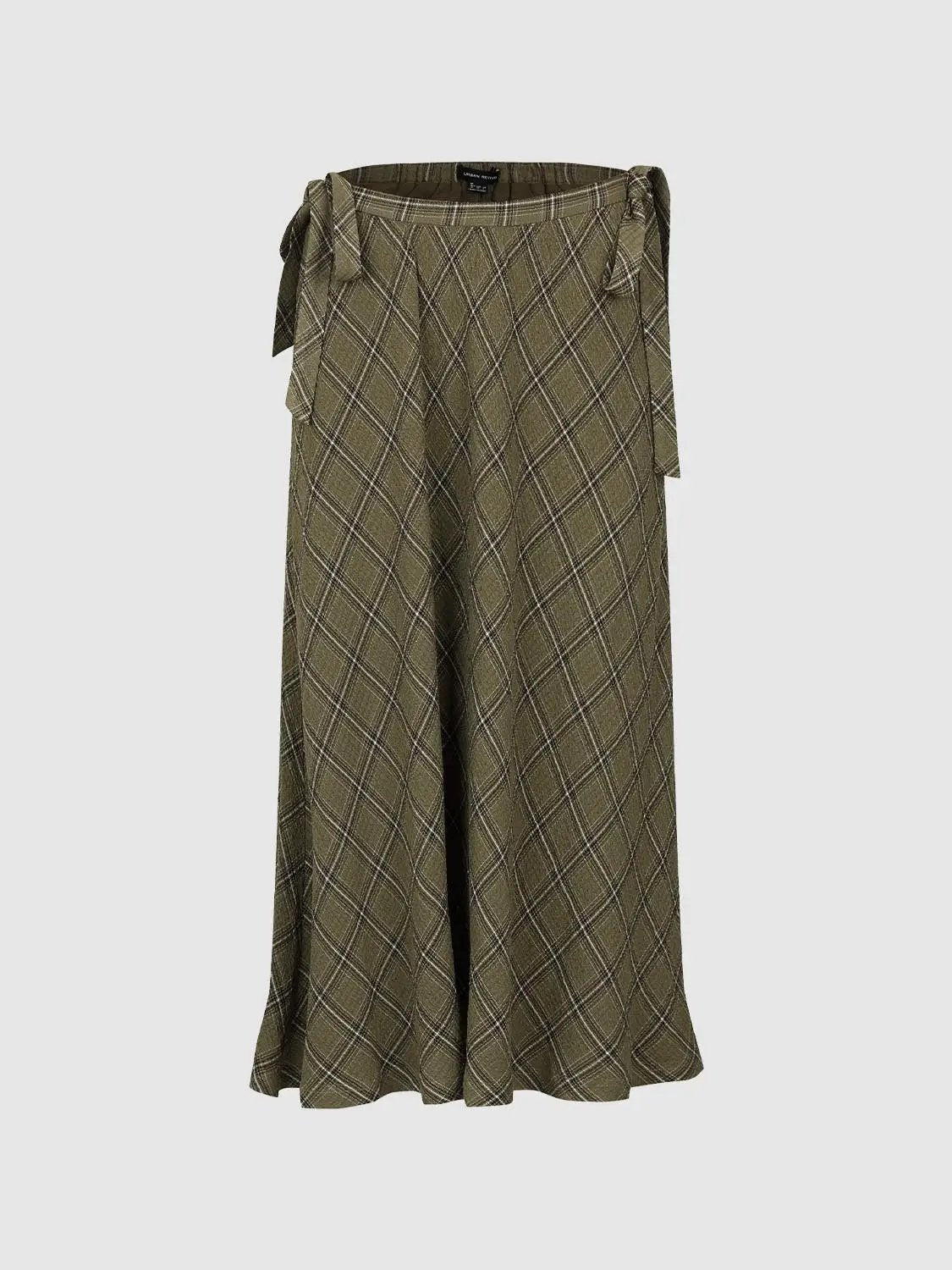 Belted Waist Plaid Print Flared A-Line Midi Skirt