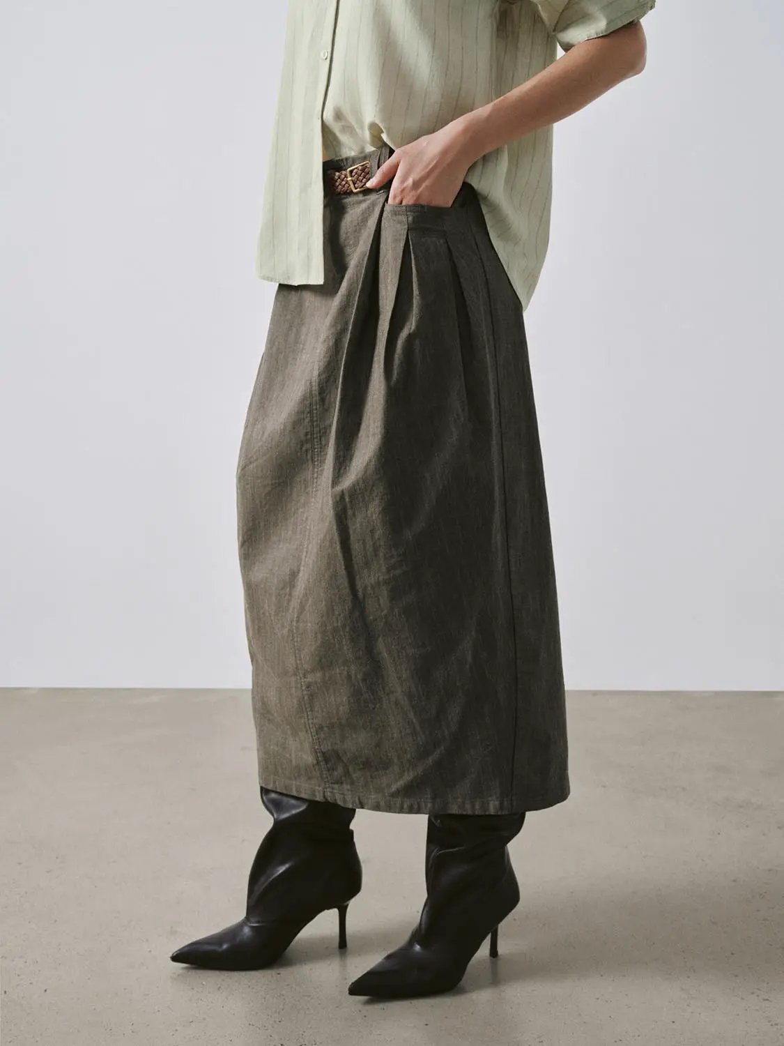 High Waist Pleated Belted Pocket Cotton Balloon Midi Skirt