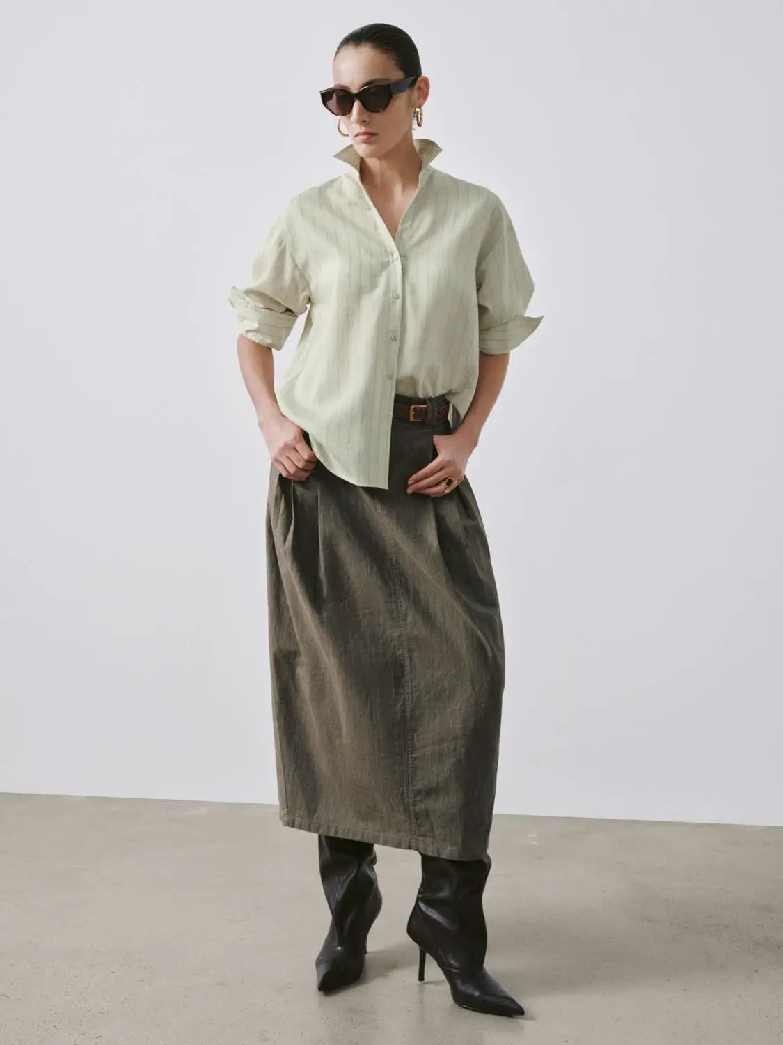 High Waist Pleated Belted Pocket Cotton Balloon Midi Skirt