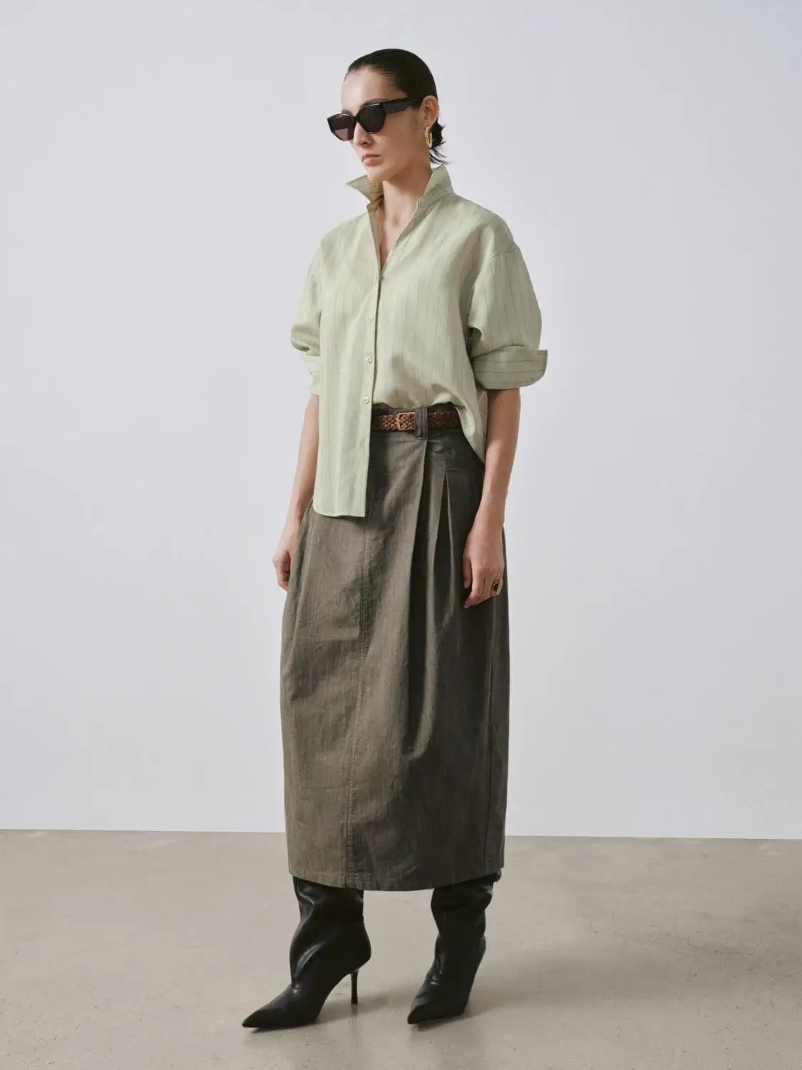 High Waist Pleated Belted Pocket Cotton Balloon Midi Skirt