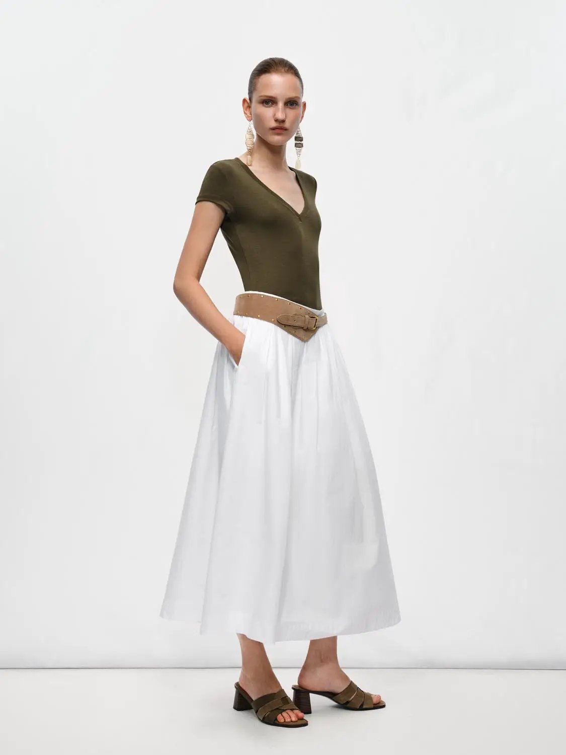 A-line Cotton White Solid Belted Maxi Skirt