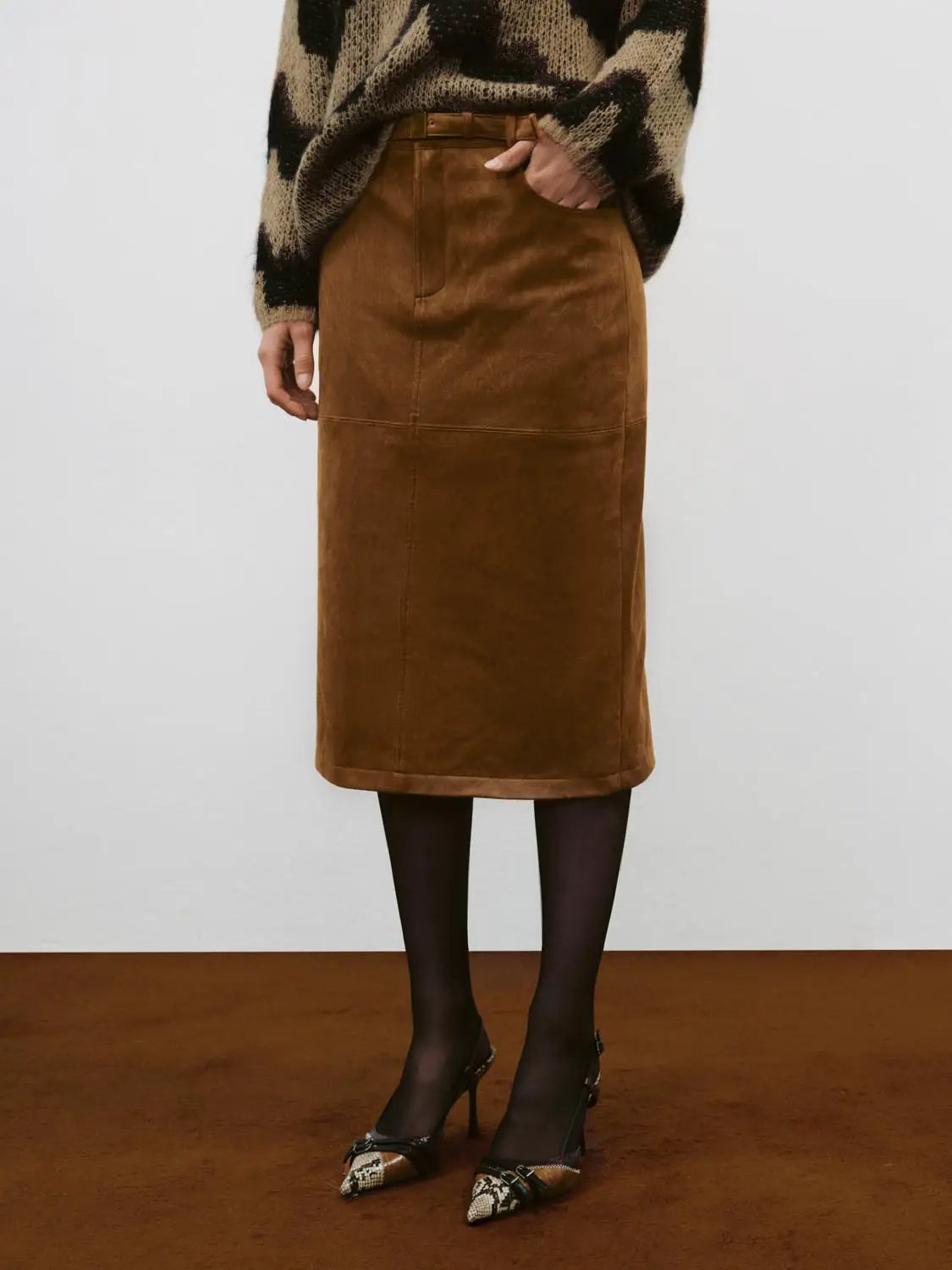Textured Belted Mid-rise Straight Midi Skirt
