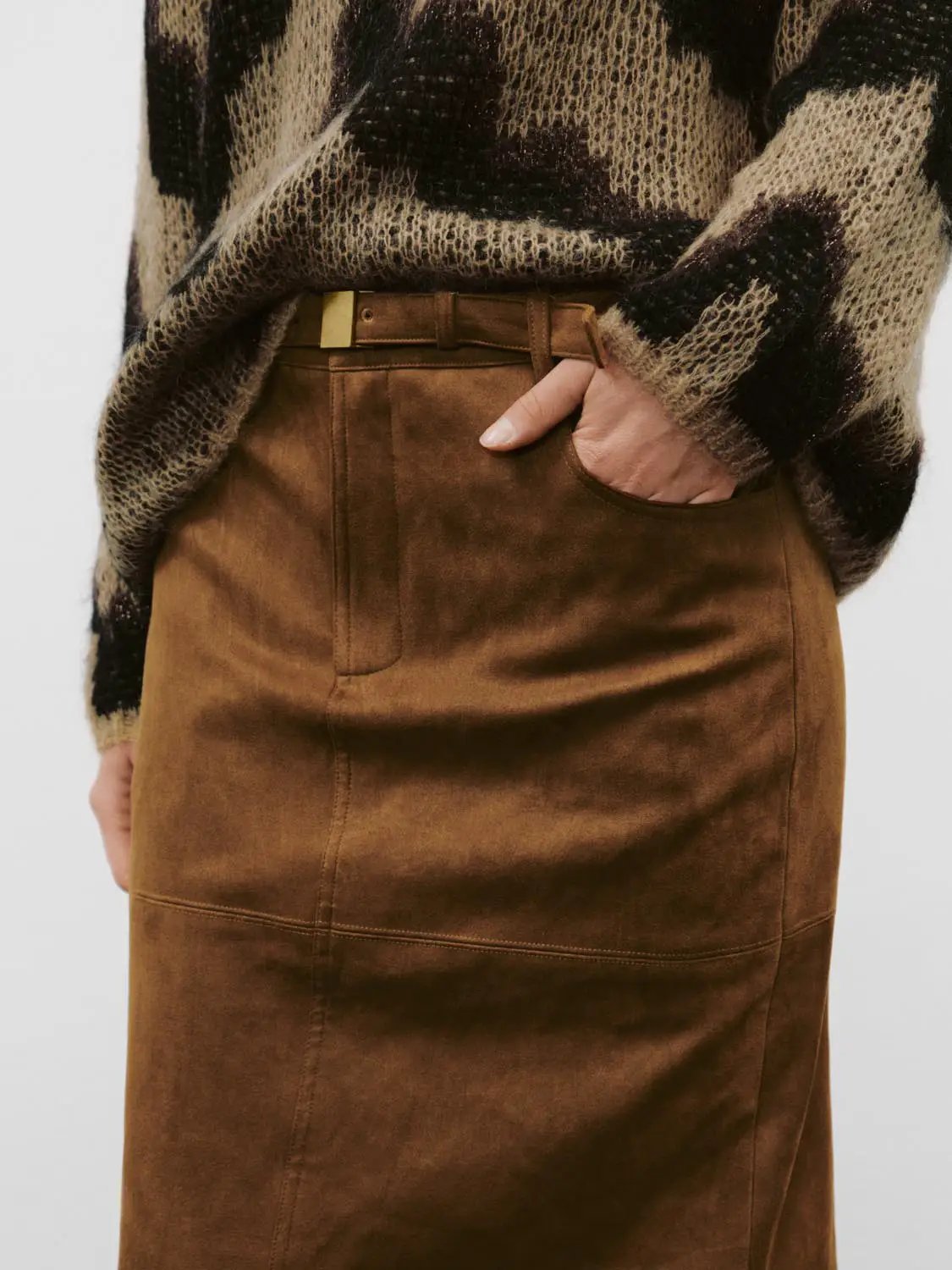 Textured Belted Mid-rise Straight Midi Skirt