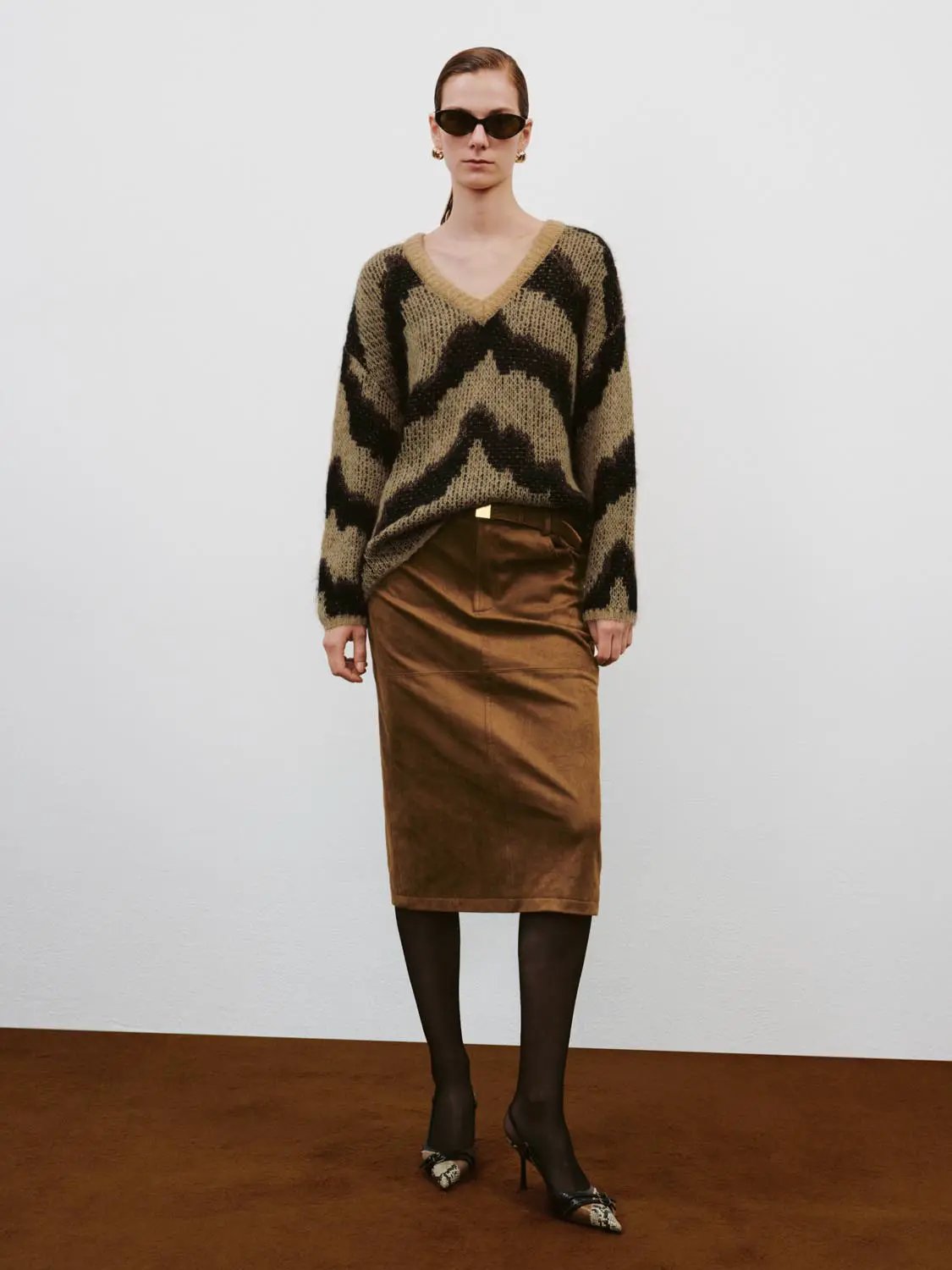 Textured Belted Mid-rise Straight Midi Skirt