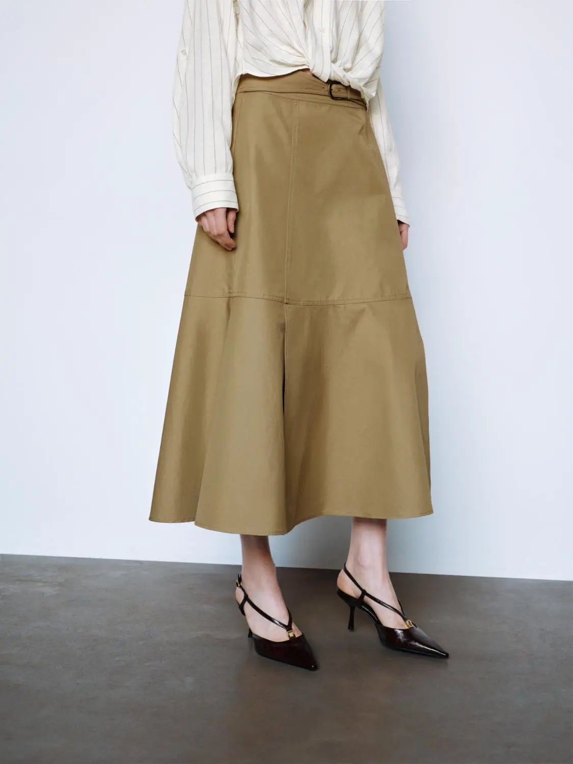 Mid-rise Belted Panelled Cotton Blend Midi Skirt