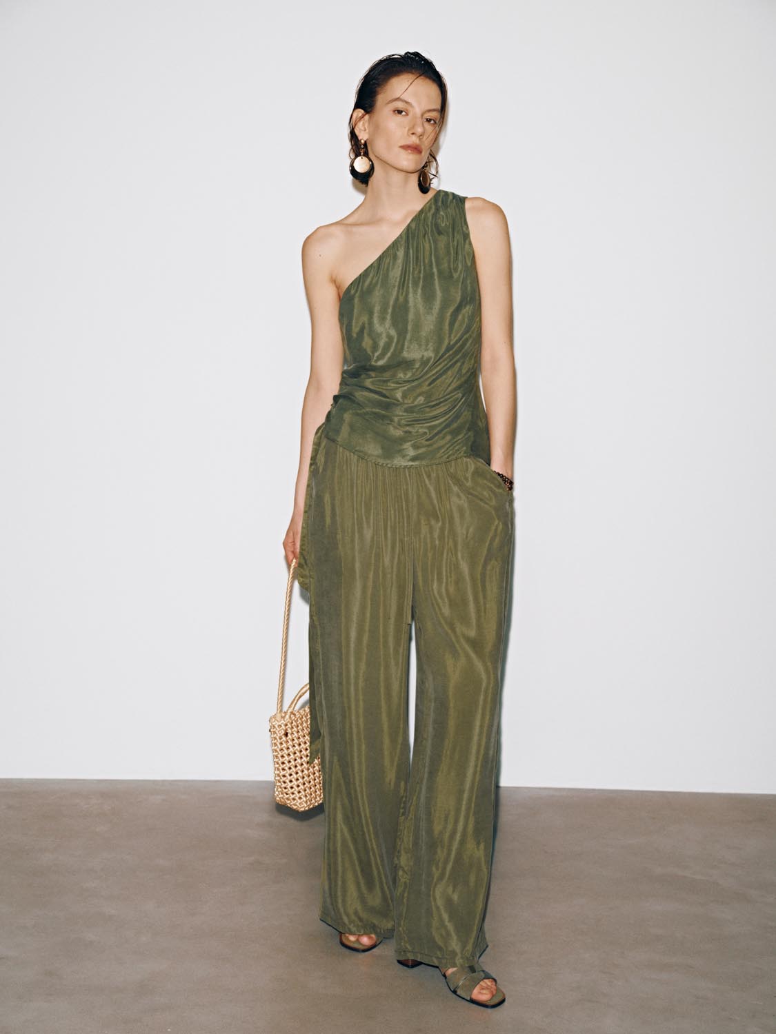 Elastic Waist Drawstring Pull On Satin Wide Leg Pants