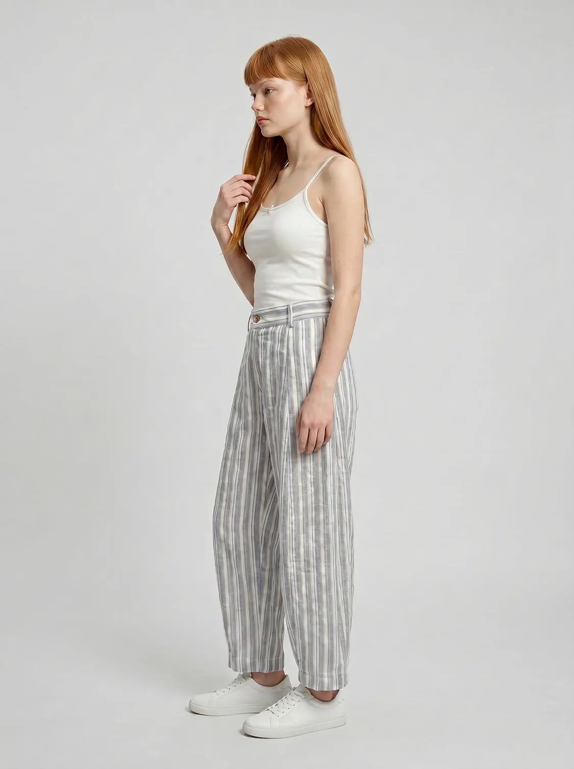 Loose Striped Waistband Barrel Ankle Casual Pants