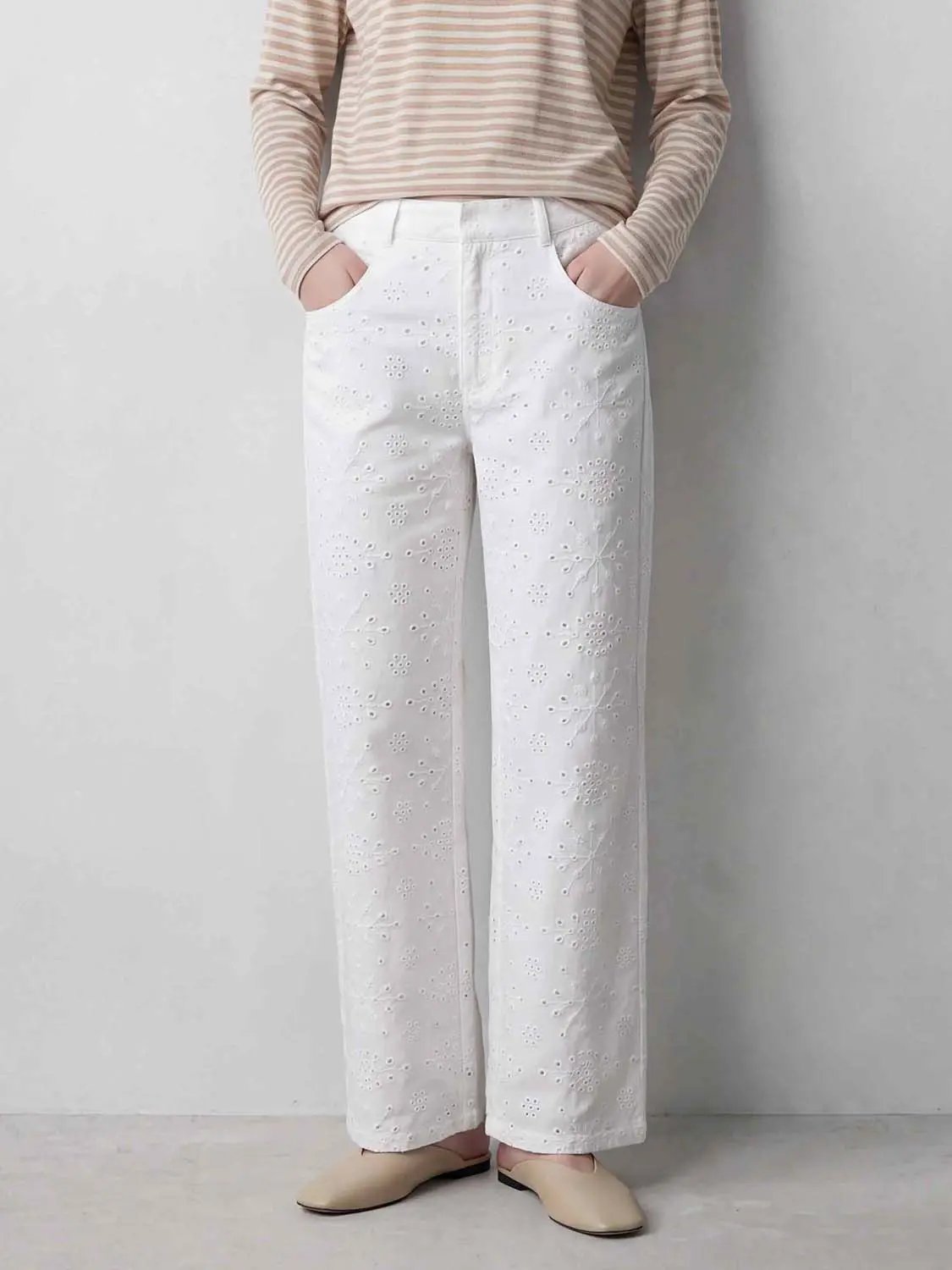 Eyelet Embroidered Straight-Leg Cotton Pants