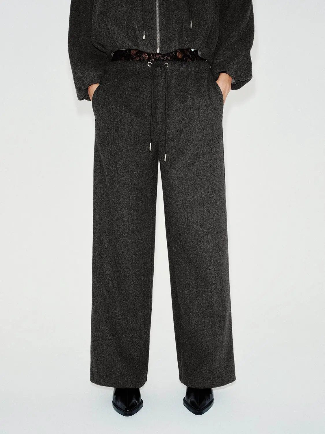 High-waisted Solid Brown Wide-leg Elastic Drawstring Pants