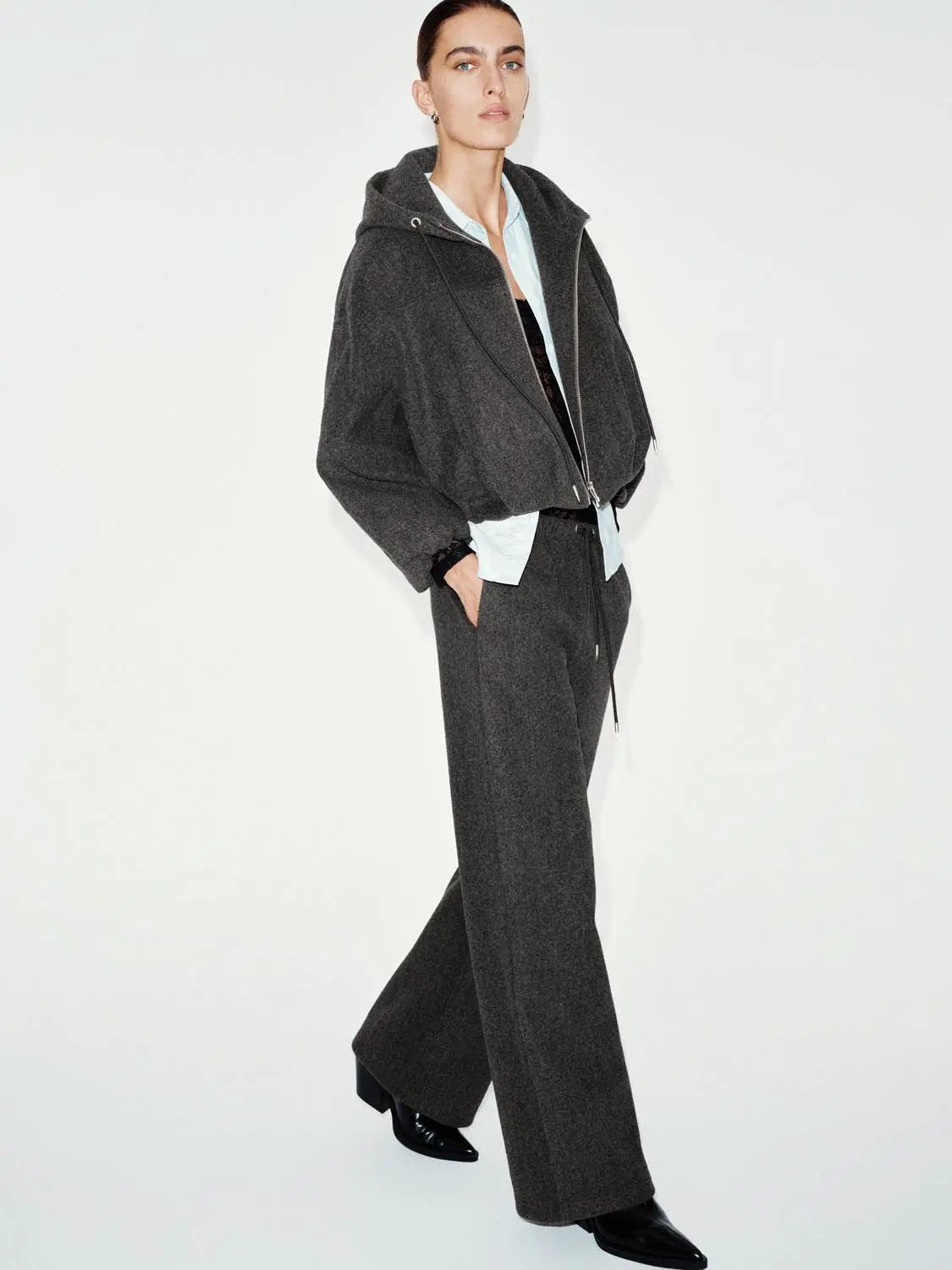 High-waisted Solid Brown Wide-leg Elastic Drawstring Pants