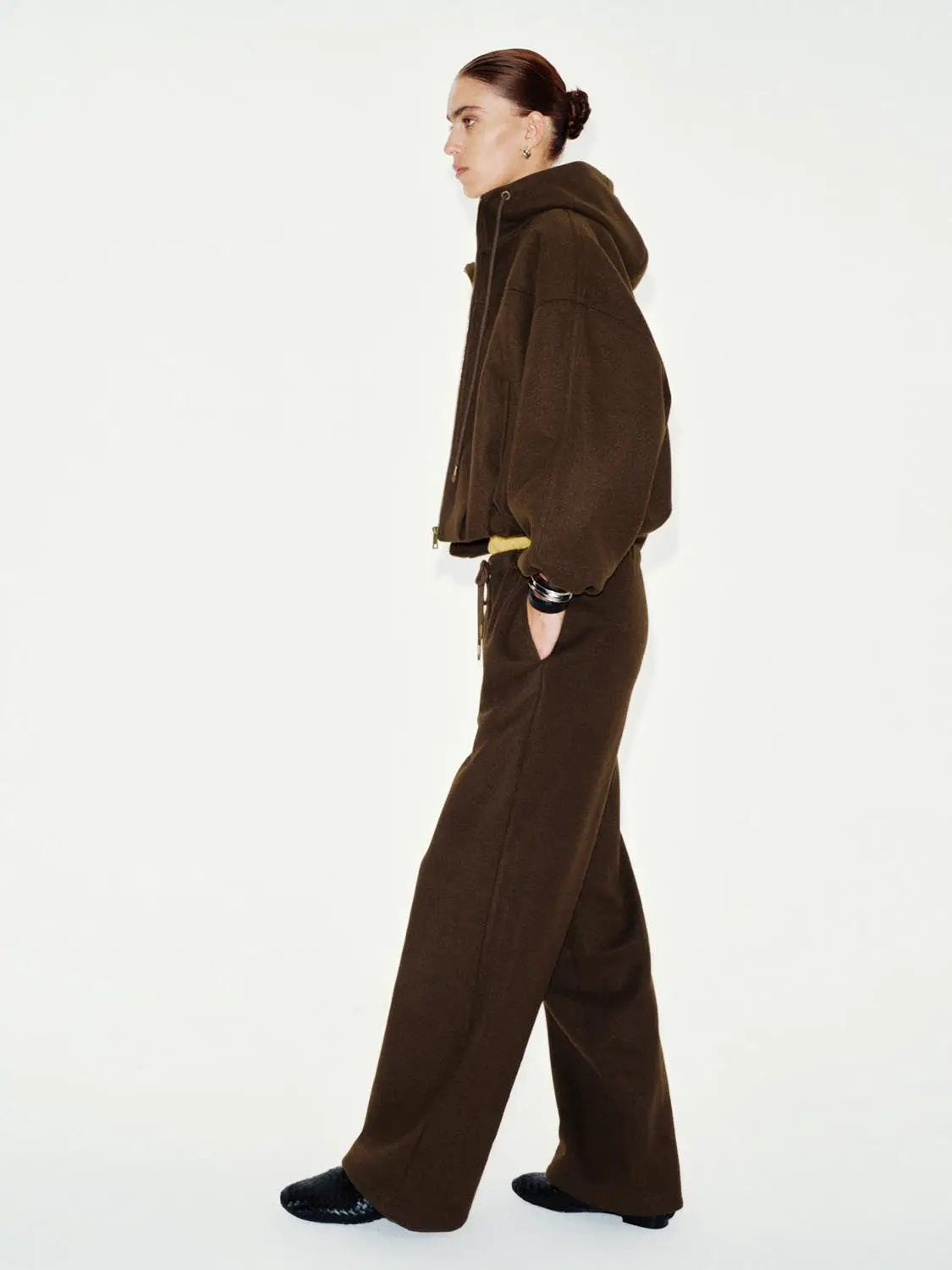 High-waisted Solid Brown Wide-leg Elastic Drawstring Pants