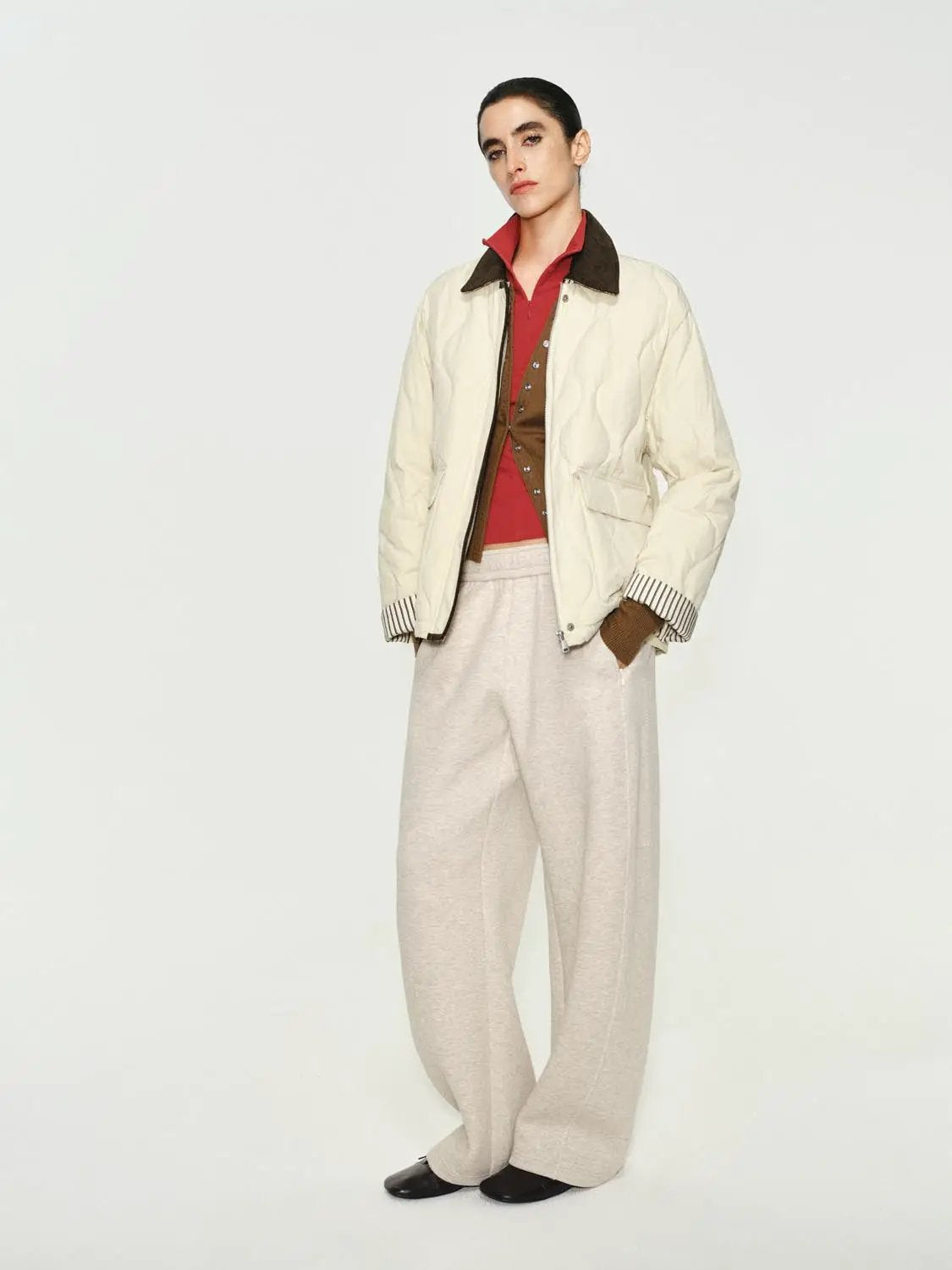 Curved Leg Elastic Waist Cotton Blend Pants