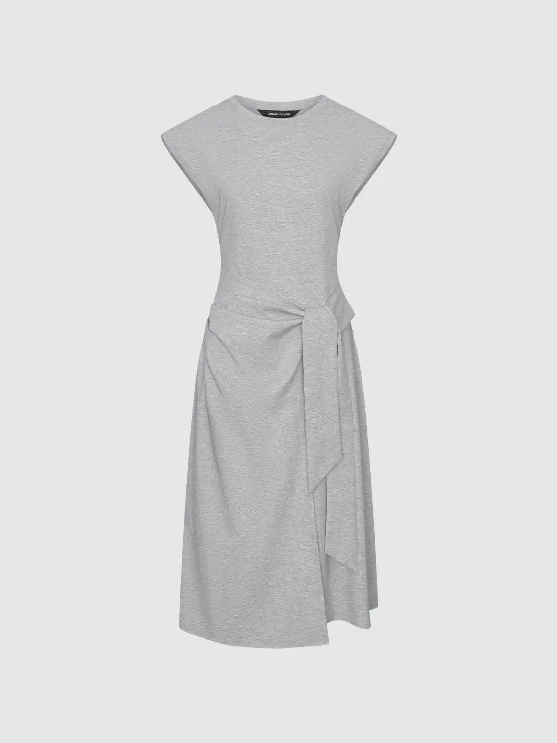 Crew Neck Cap Sleeve Waist Tie Wrap Midi Dress