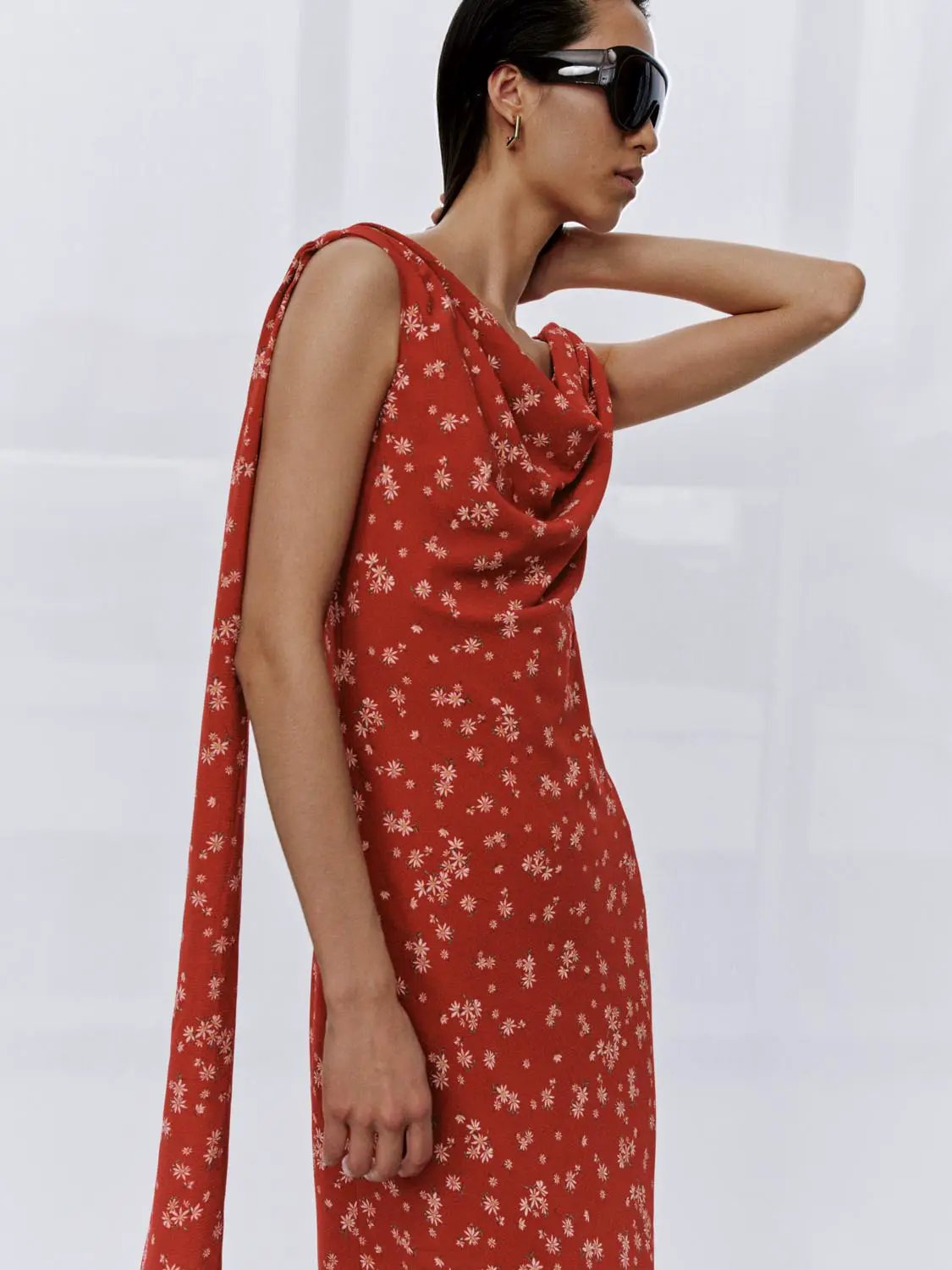 Cowl Neck Sleeveless Floral Print A-Line Midi Dress