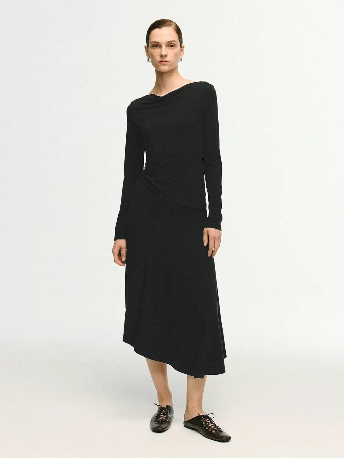 Cowl Neck Ruched Long Sleeve Asymmetric Hem Midi Dress