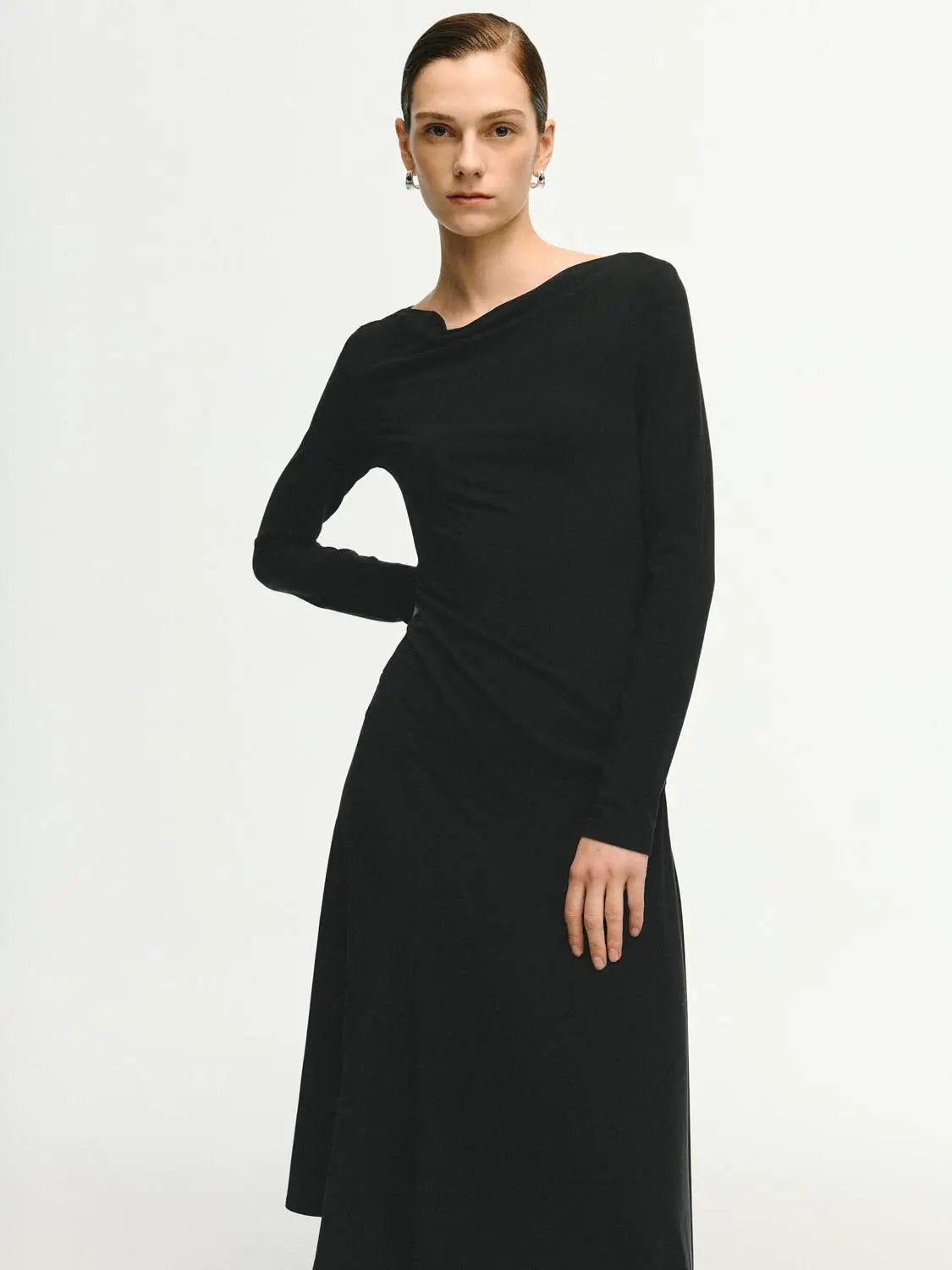 Cowl Neck Ruched Long Sleeve Asymmetric Hem Midi Dress