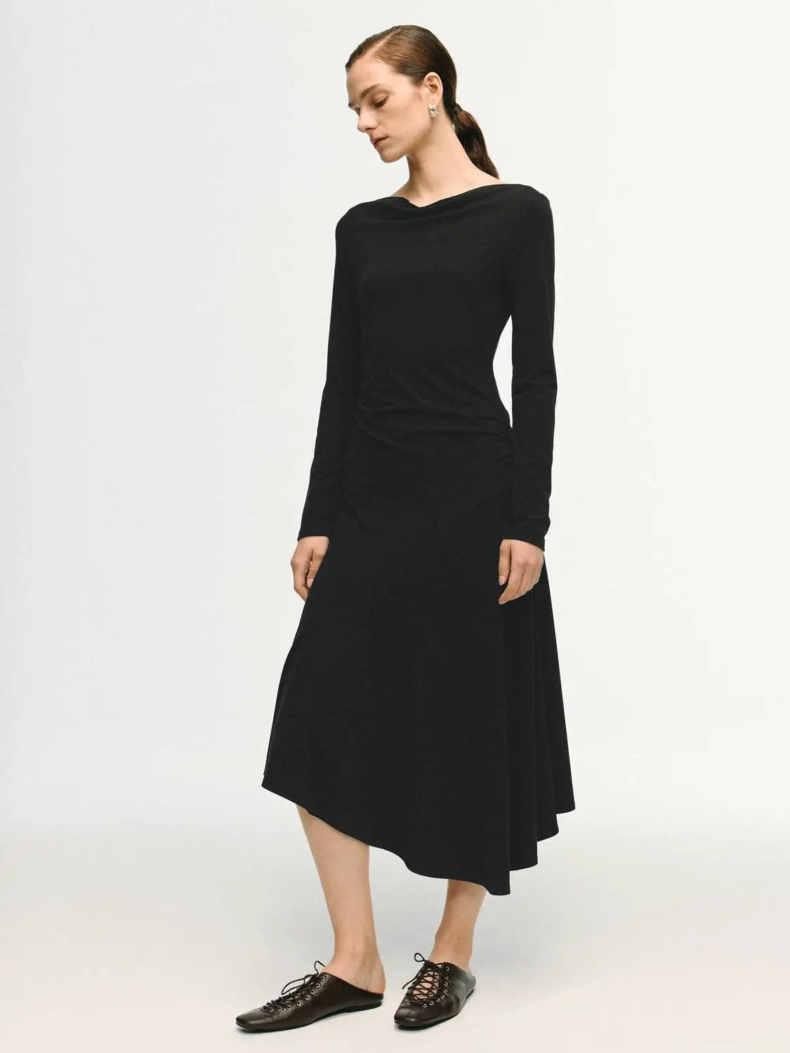 Cowl Neck Ruched Long Sleeve Asymmetric Hem Midi Dress