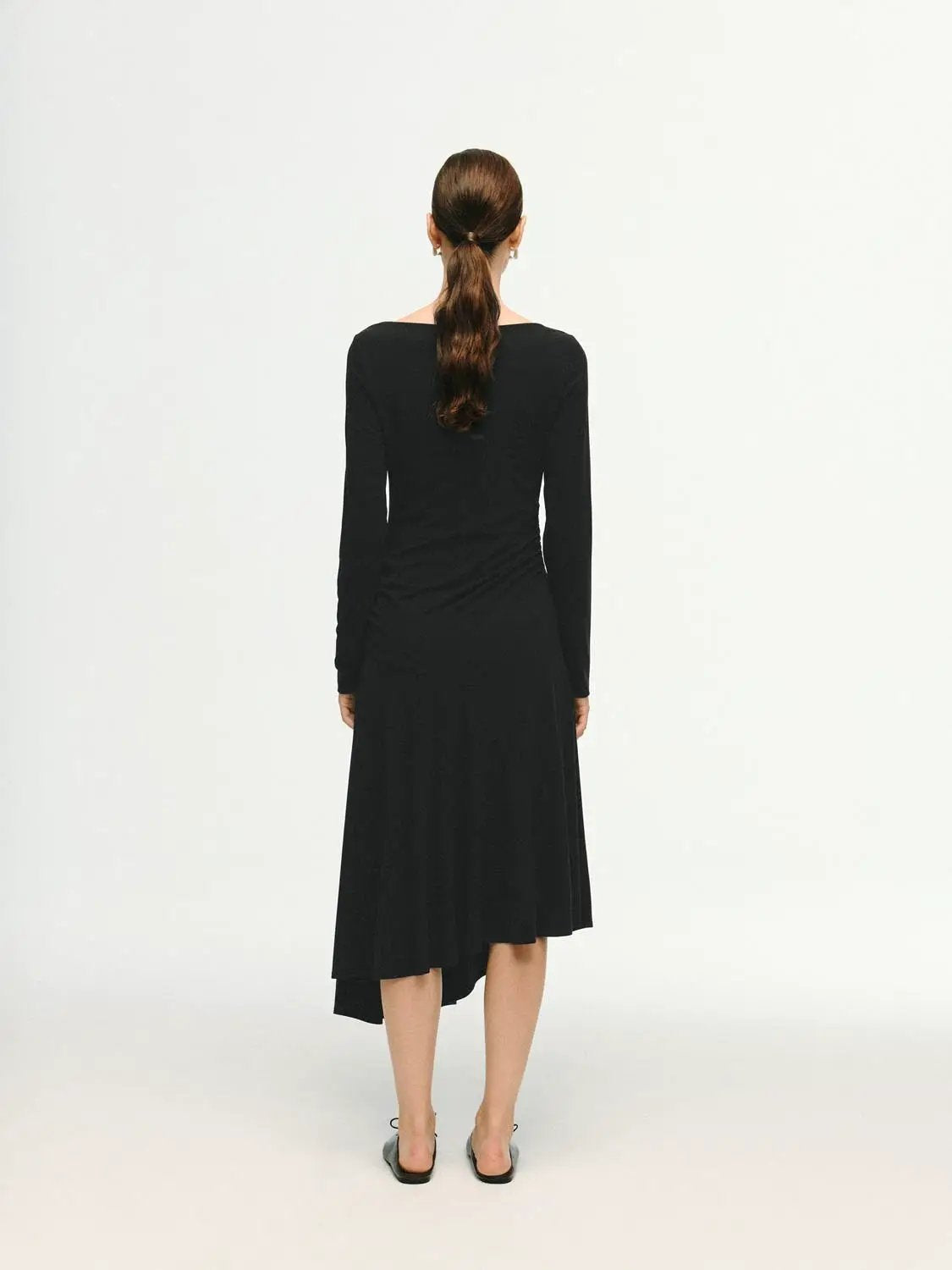 Cowl Neck Ruched Long Sleeve Asymmetric Hem Midi Dress
