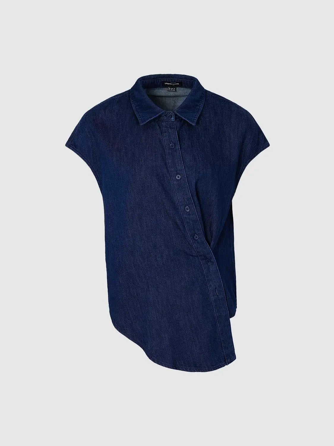 Point Collar Asymmetric Hem Sleeveless Cotton Denim Shirt