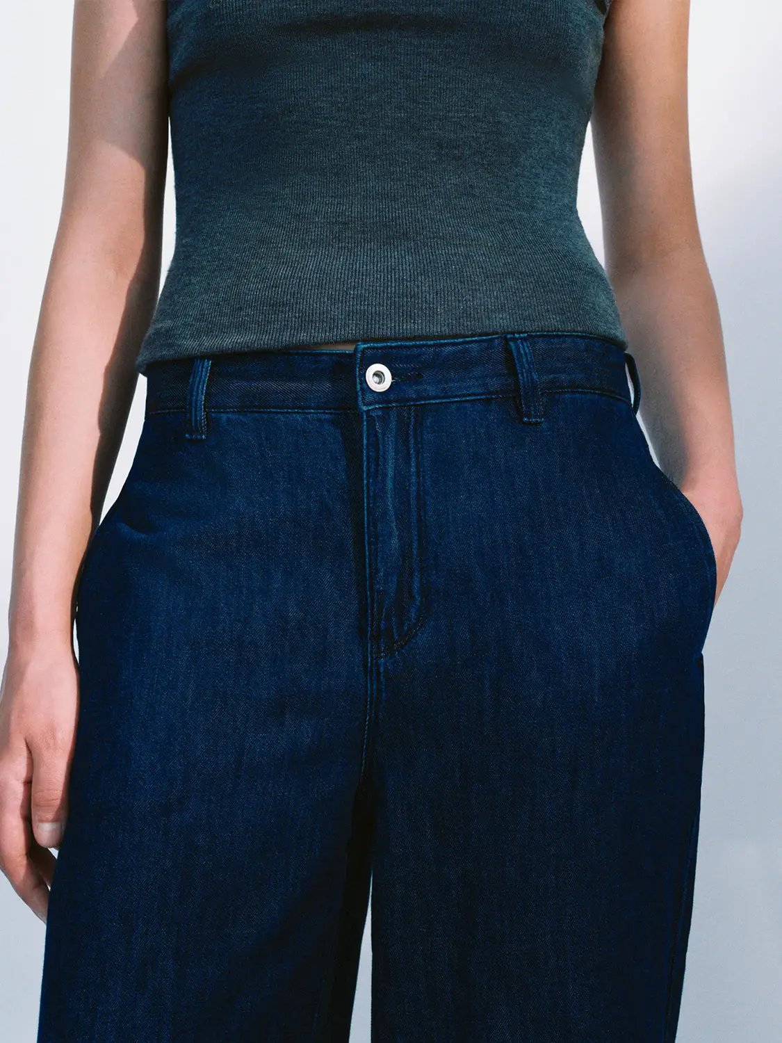 High Waist Textured Fabric Loose Wide Leg Denim Jeans