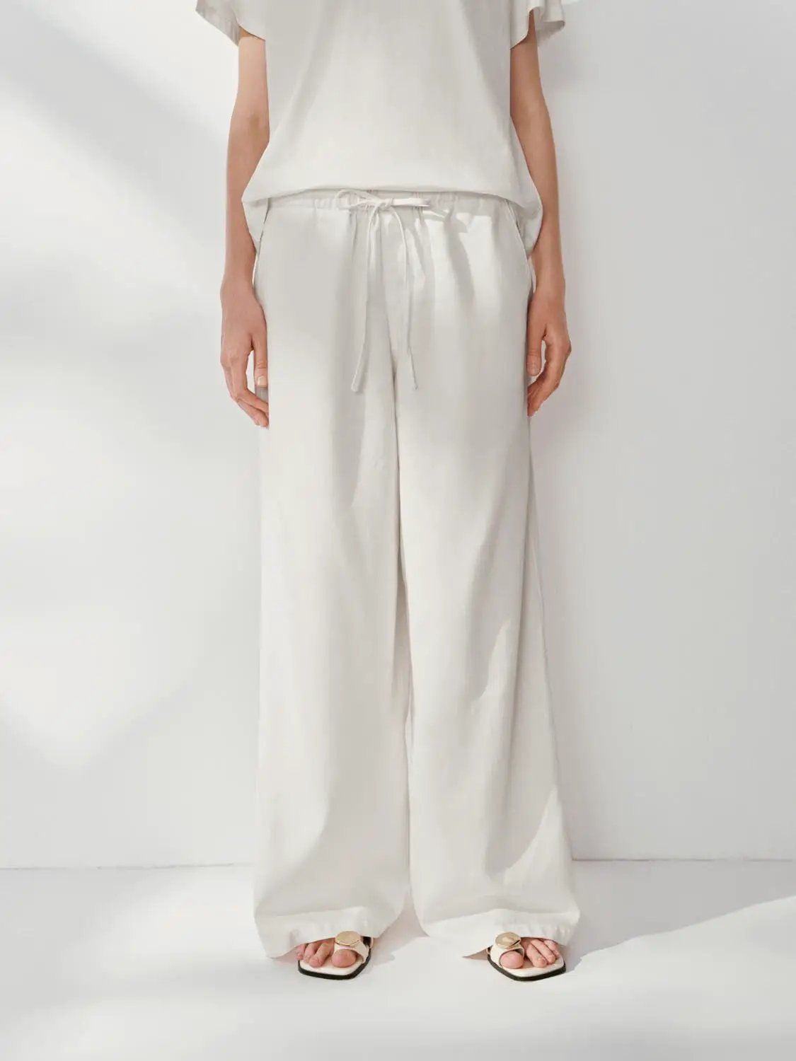 Drawstring Waist Wide Leg Cotton Trousers