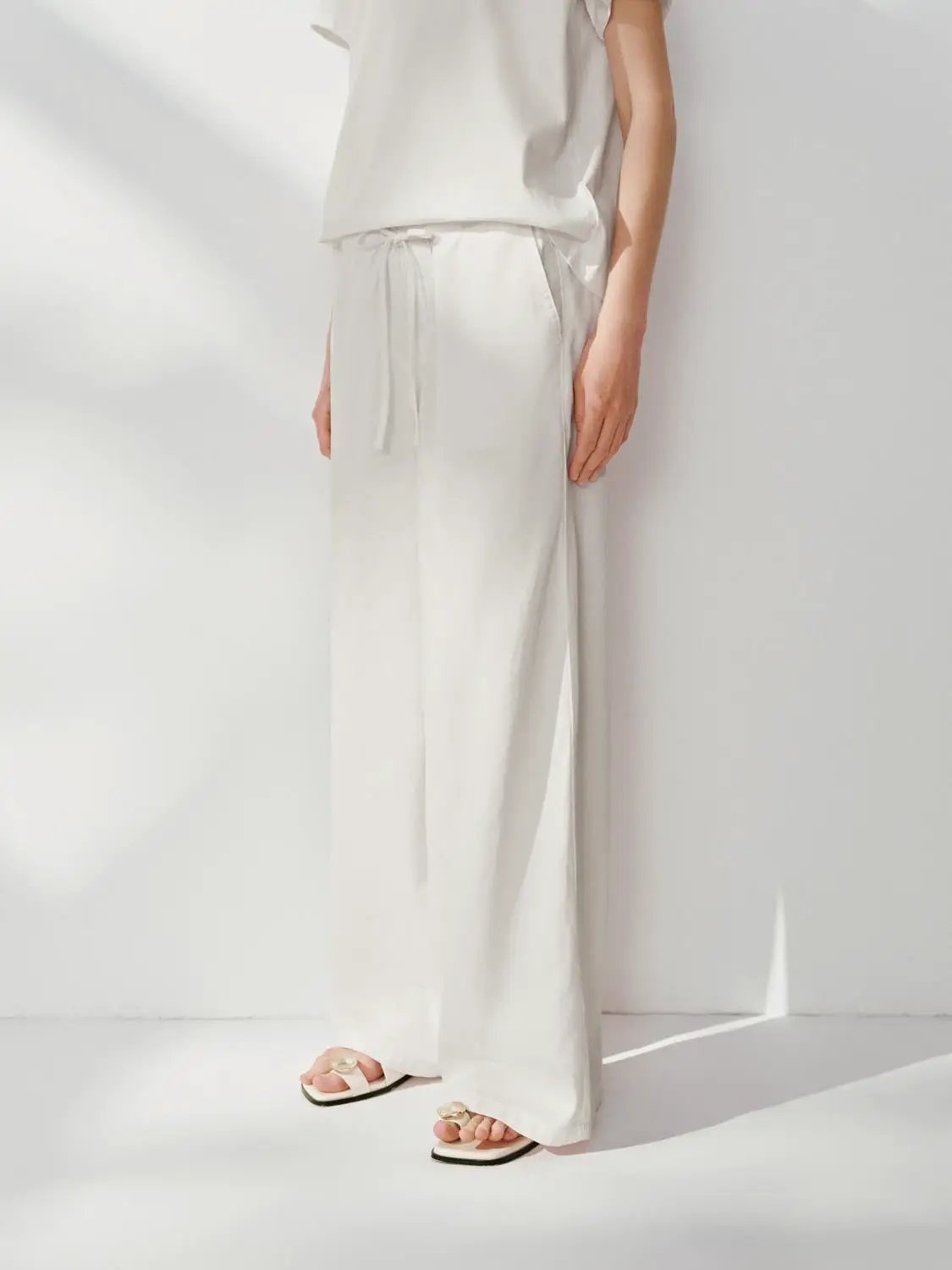 Drawstring Waist Wide Leg Cotton Trousers