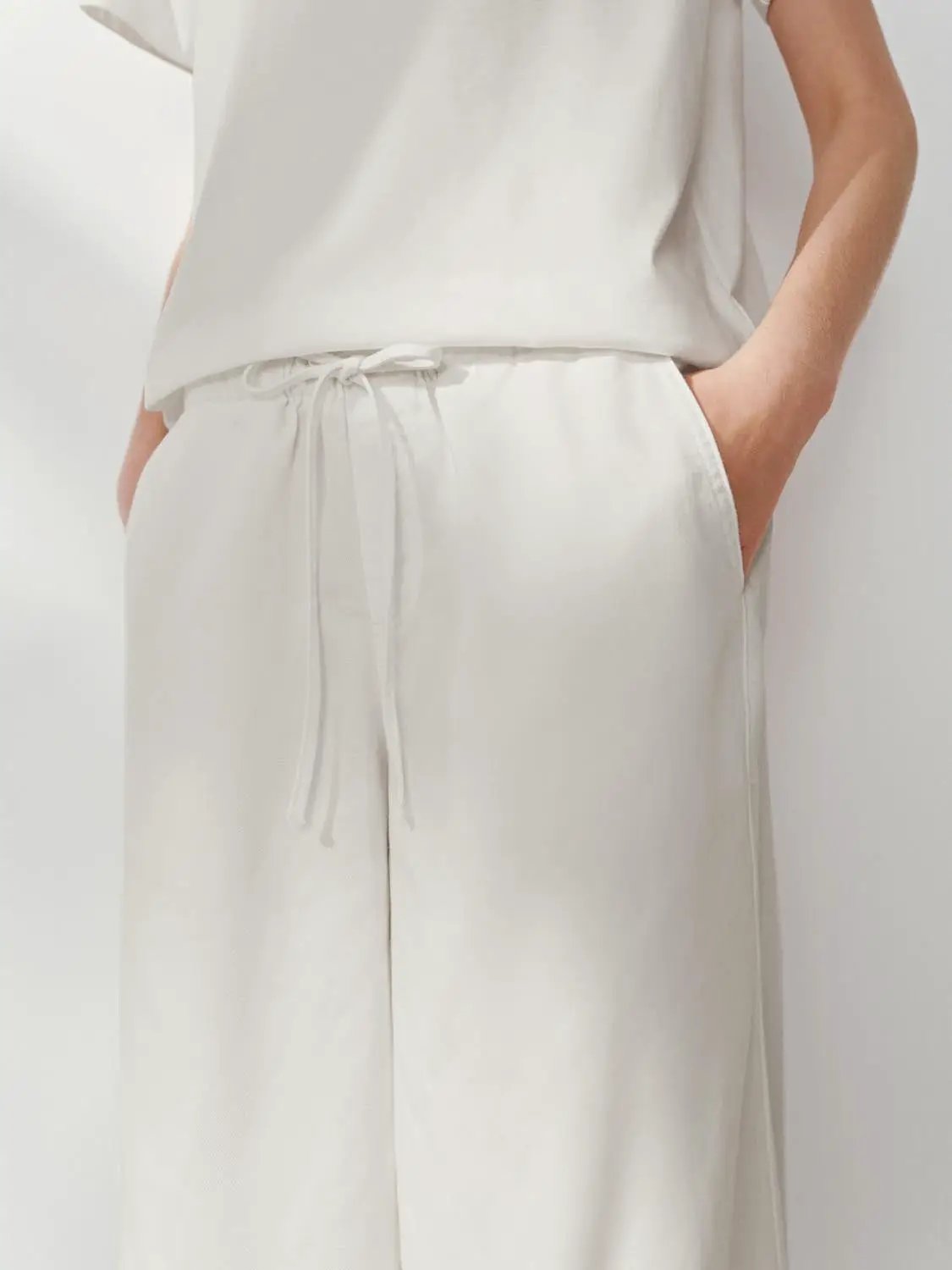 Drawstring Waist Wide Leg Cotton Trousers