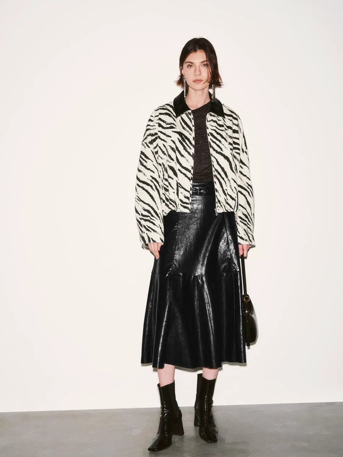 Zebra Print Collar Oversized Cotton Denim Bomber Jacket