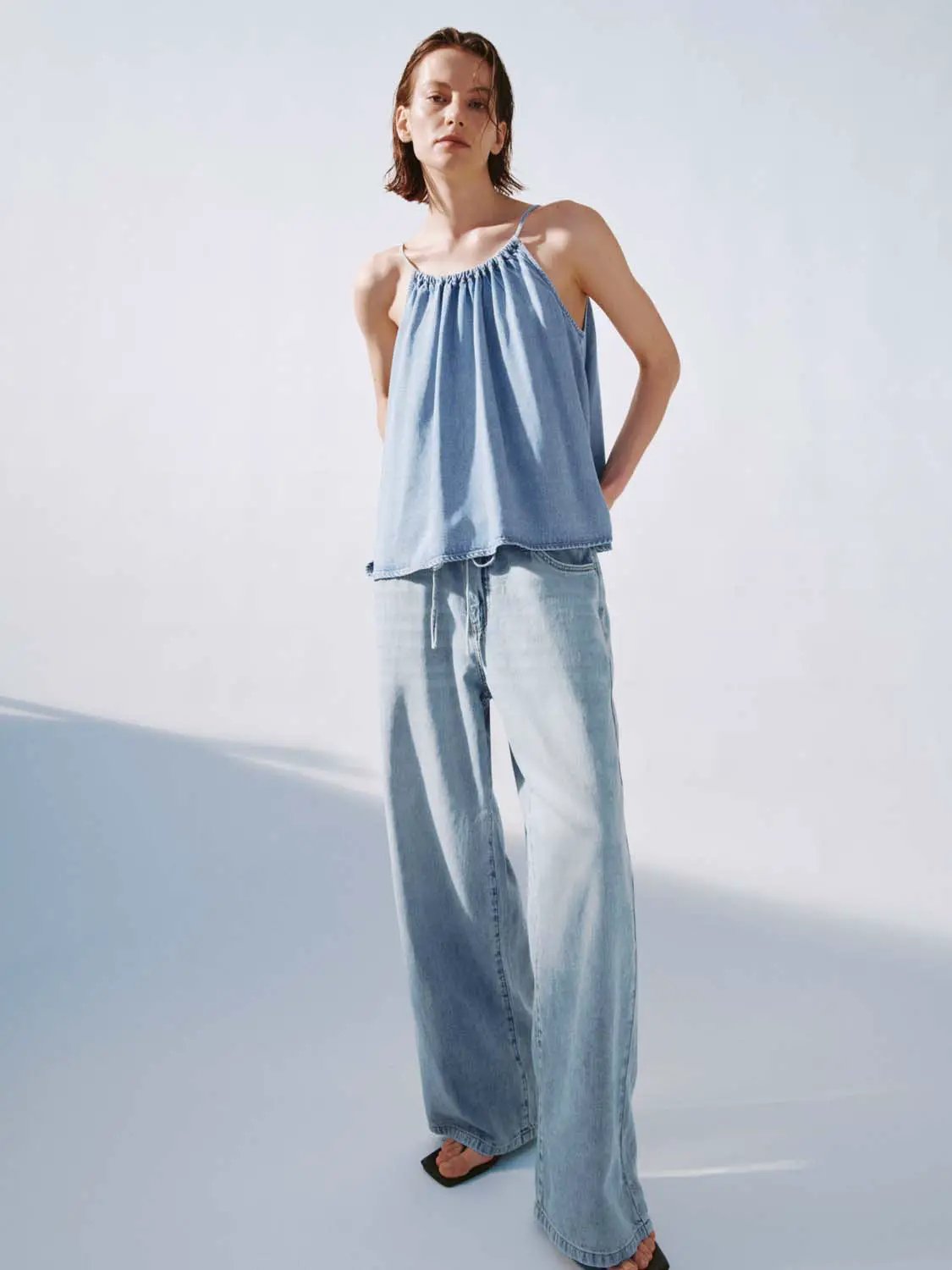 Halter Gathered Neck Light Wash Denim Loose Cami Top