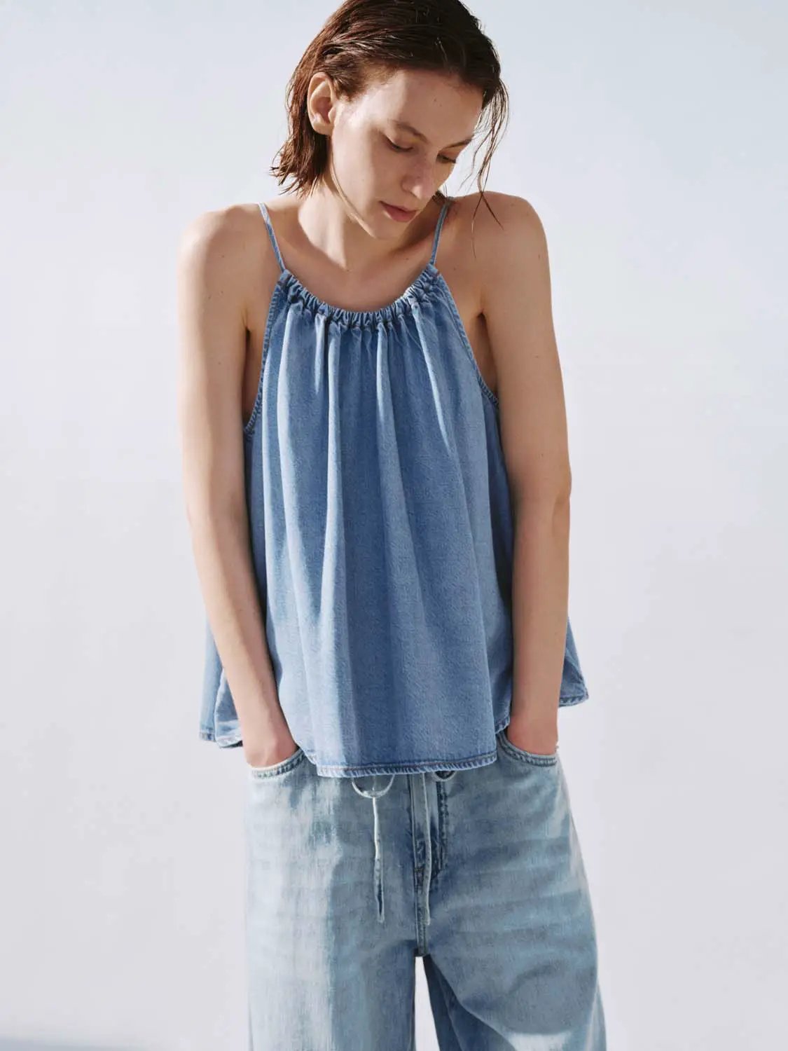 Halter Gathered Neck Light Wash Denim Loose Cami Top
