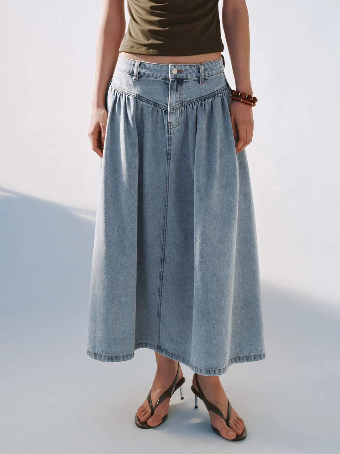 Shirring Detail Denim A-Line Cotton Midi Skirt