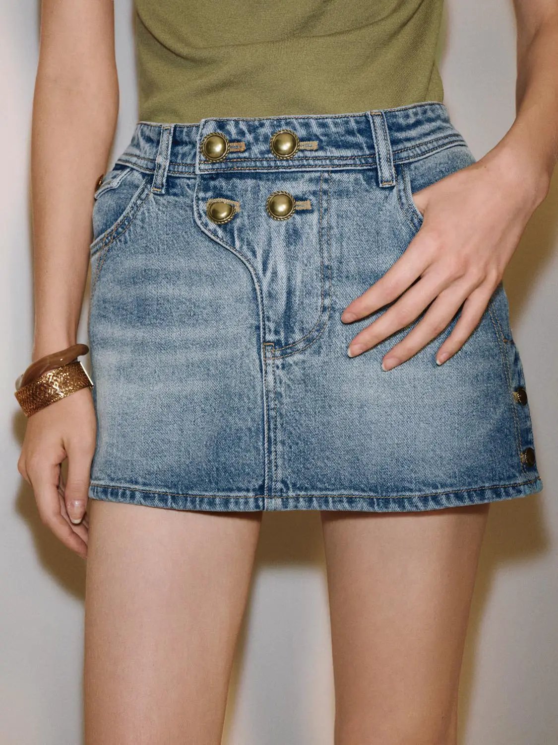 Cotton Button Front High-waisted Washed Denim Skirt
