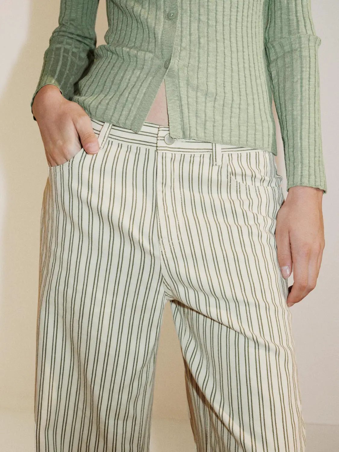 Striped Cotton Button Front Wide-leg Pants
