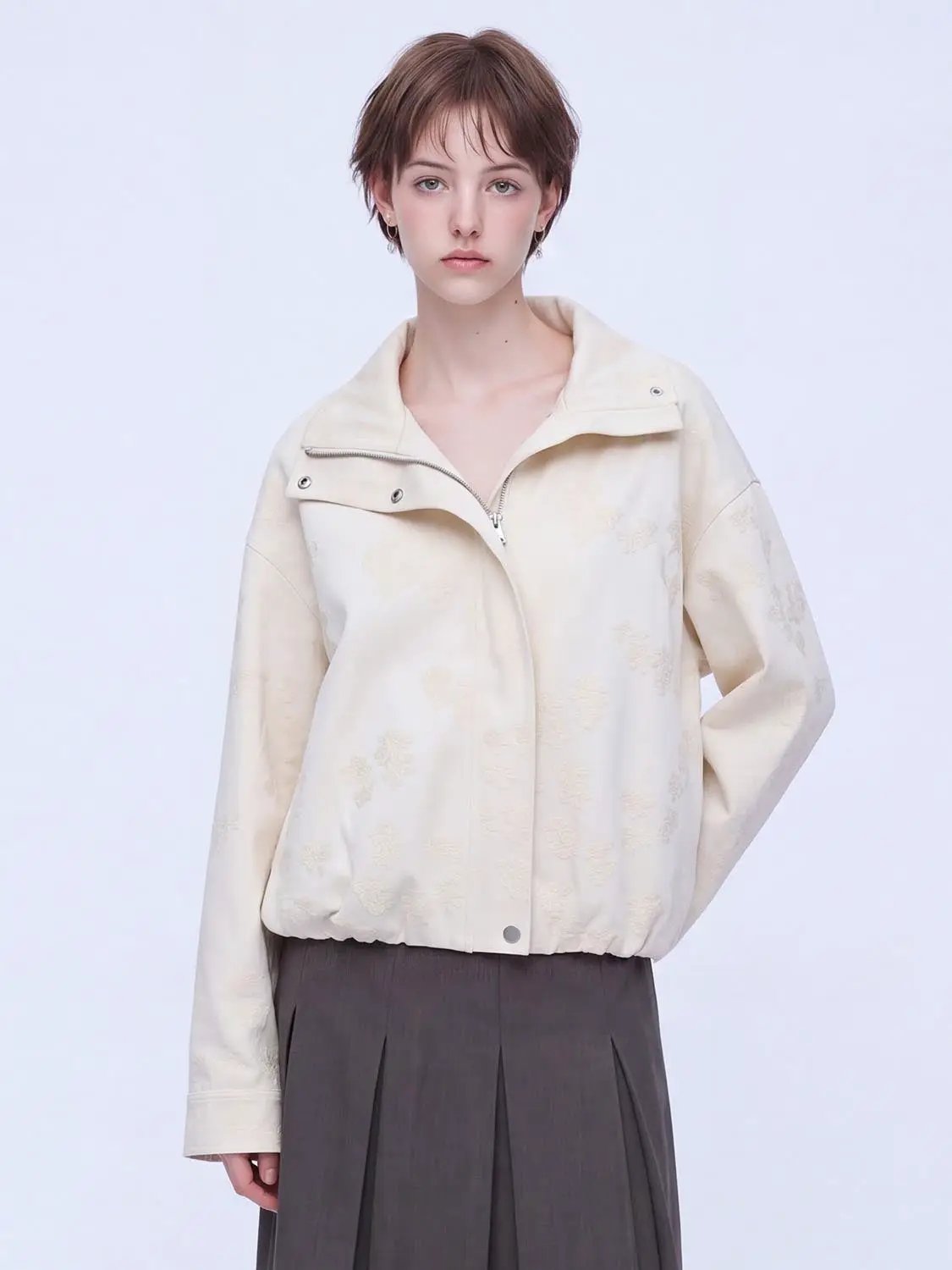 Zipper Front Textured Floral Boxy Long Sleeve Jacket