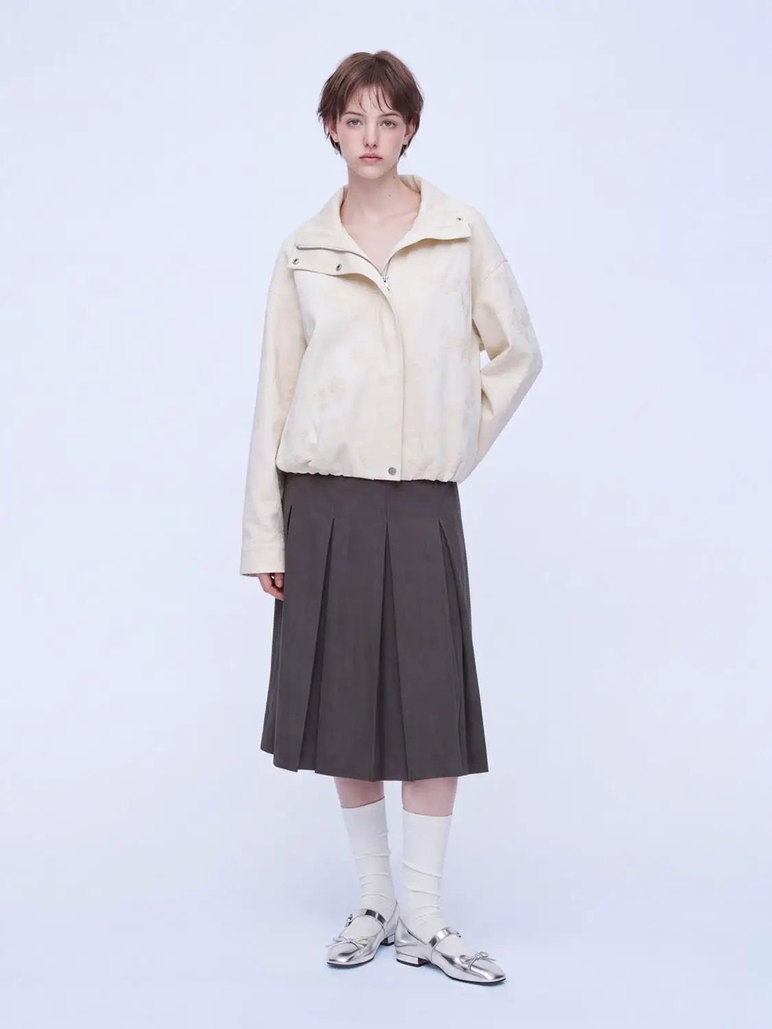 Zipper Front Textured Floral Boxy Long Sleeve Jacket