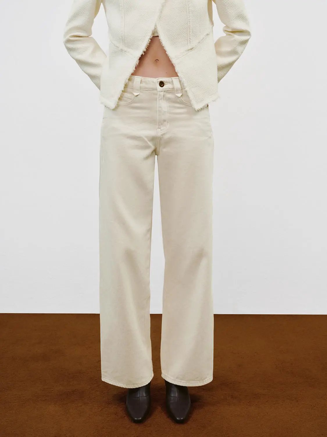 High-waisted Cotton Blend Wide-leg Pants