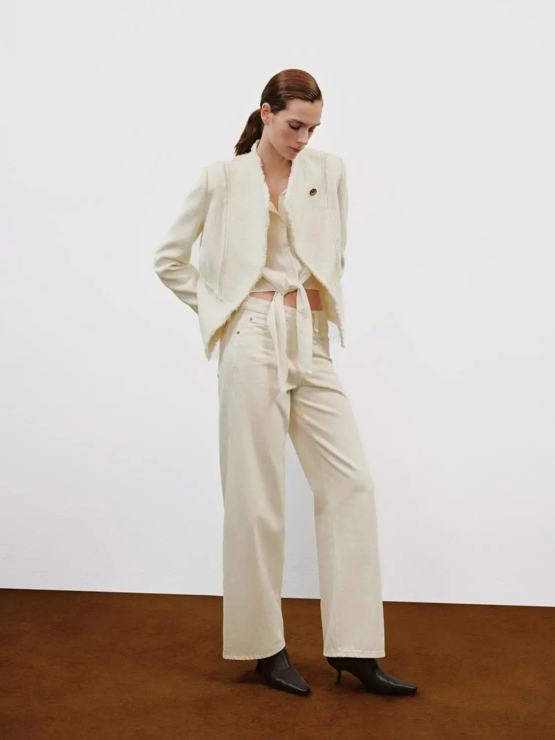 High-waisted Cotton Blend Wide-leg Pants