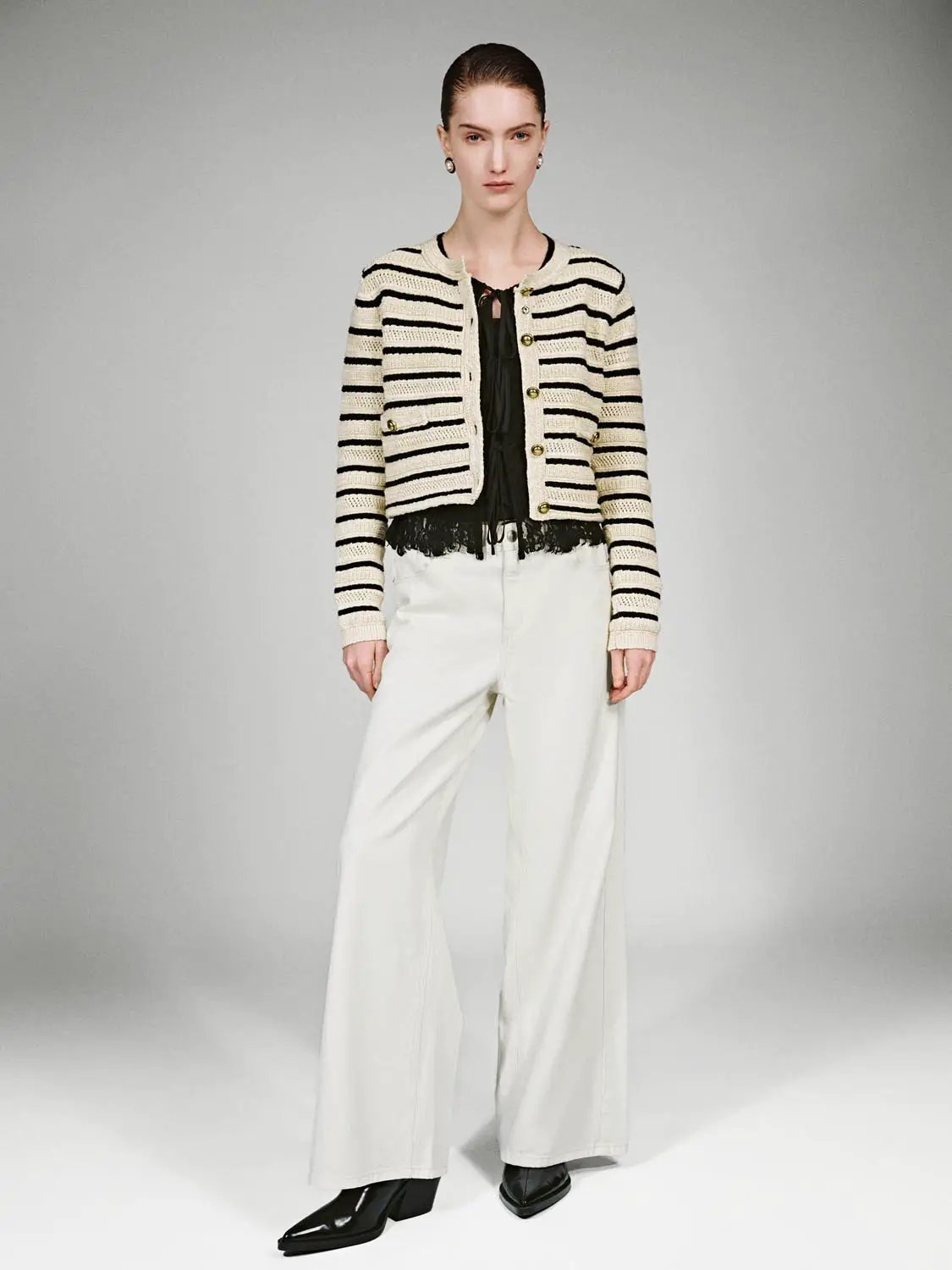 Long Sleeve Crew Neck Striped Cropped Cotton Knit Cardigan