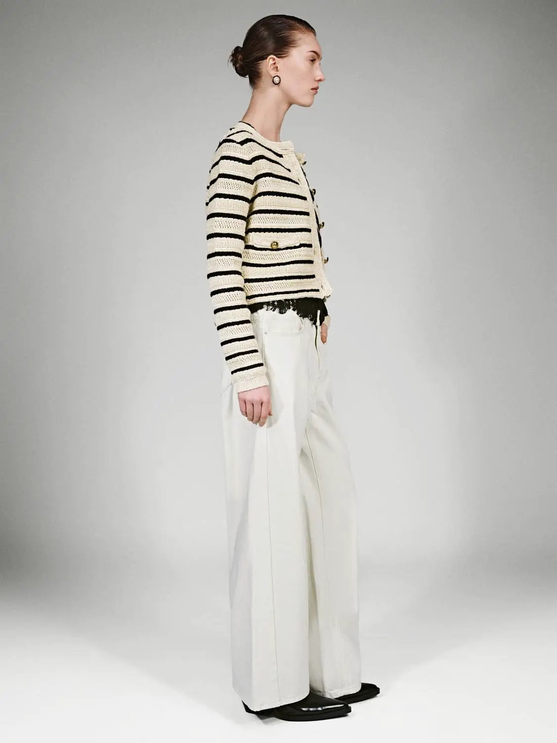 Long Sleeve Crew Neck Striped Cropped Cotton Knit Cardigan