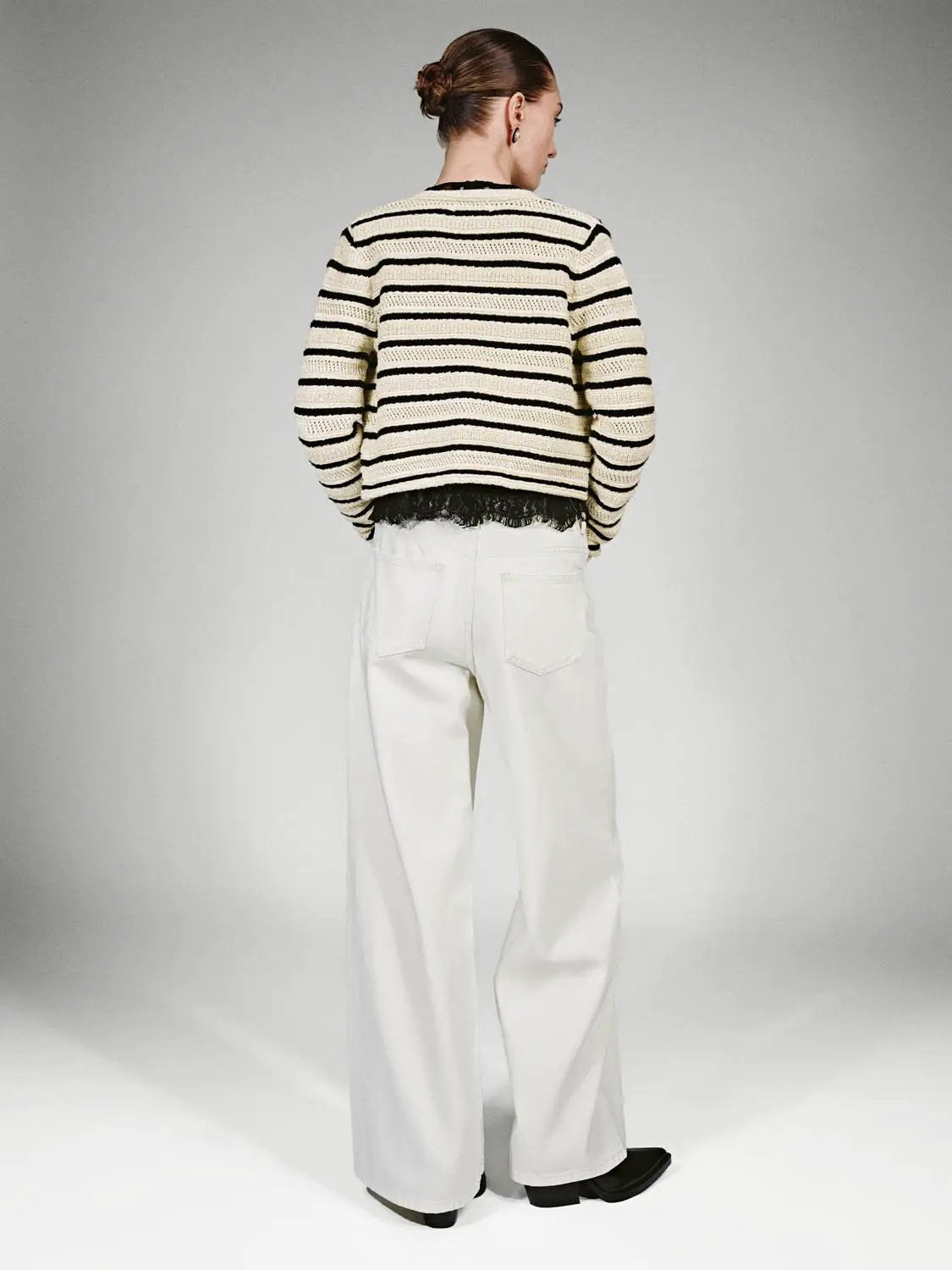 Long Sleeve Crew Neck Striped Cropped Cotton Knit Cardigan