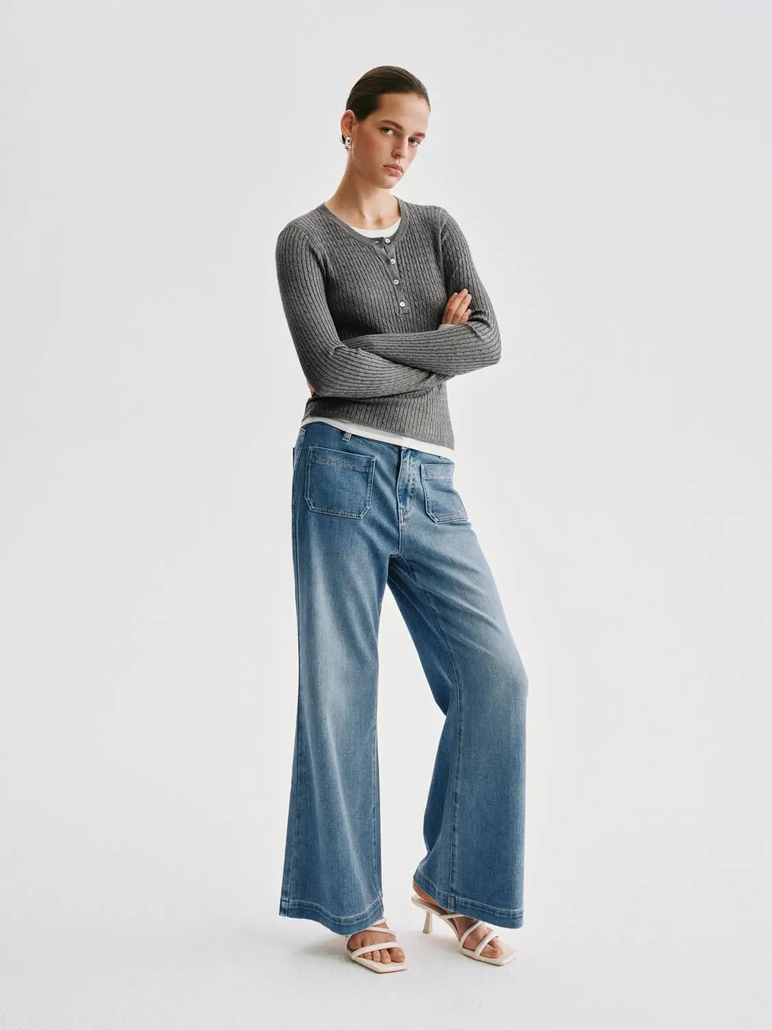 Slim Ribbed Layered Button Front Long Sleeve Knit T-Shirt