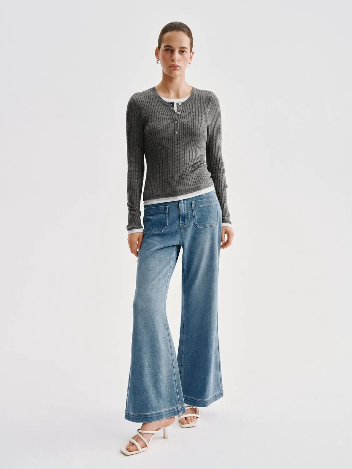 Slim Ribbed Layered Button Front Long Sleeve Knit T-Shirt