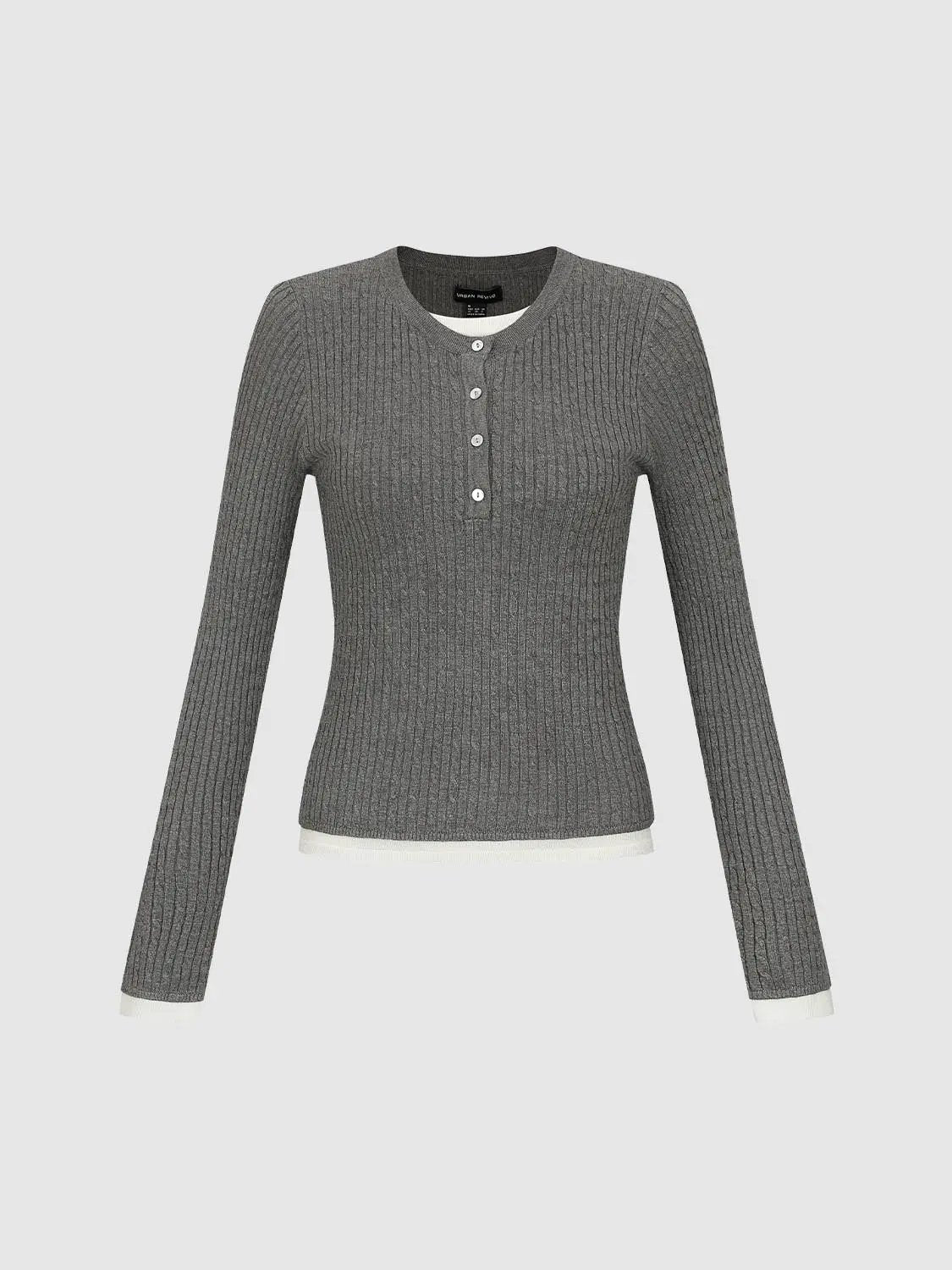 Slim Ribbed Layered Button Front Long Sleeve Knit T-Shirt