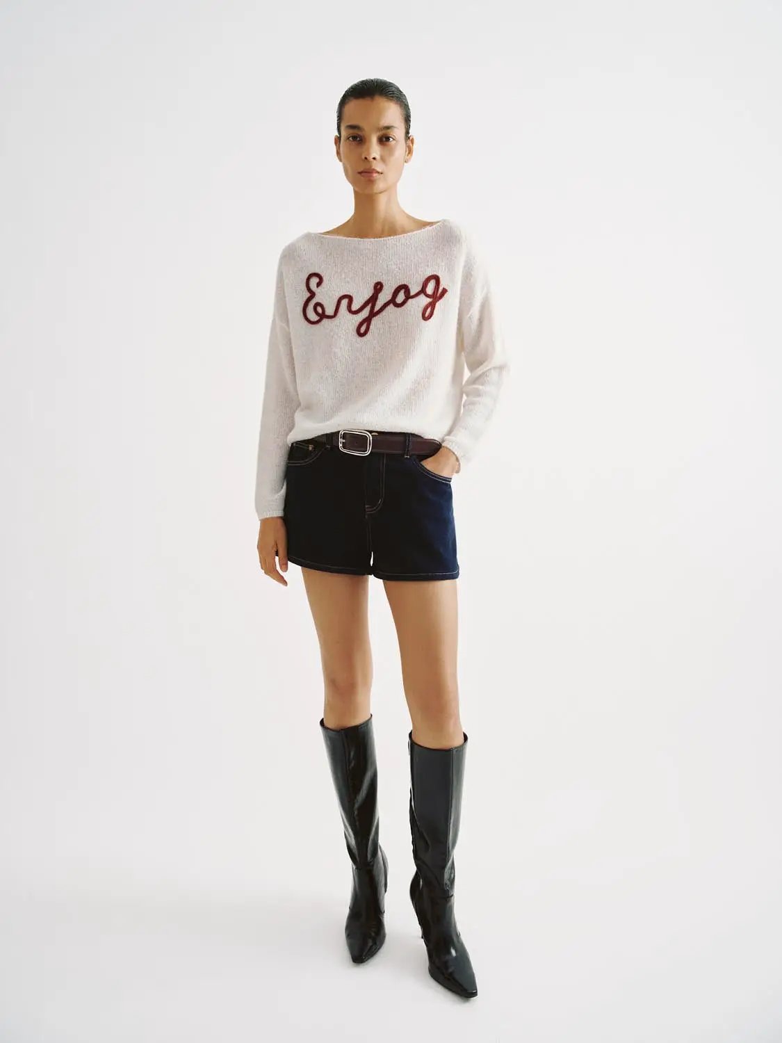 Knit Lightweight With Red Script Embroidery Sweater