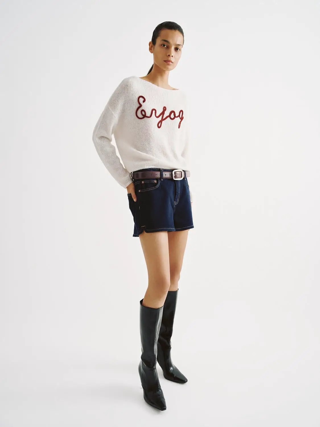 Knit Lightweight With Red Script Embroidery Sweater