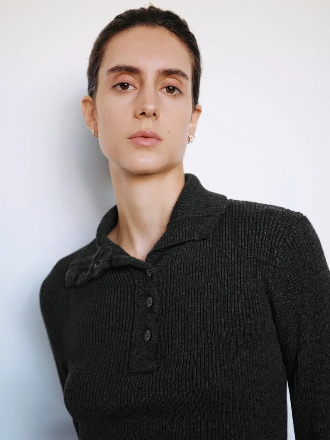 Ribbed Button Front Flared Mock Neck Long Sleeve Sweater