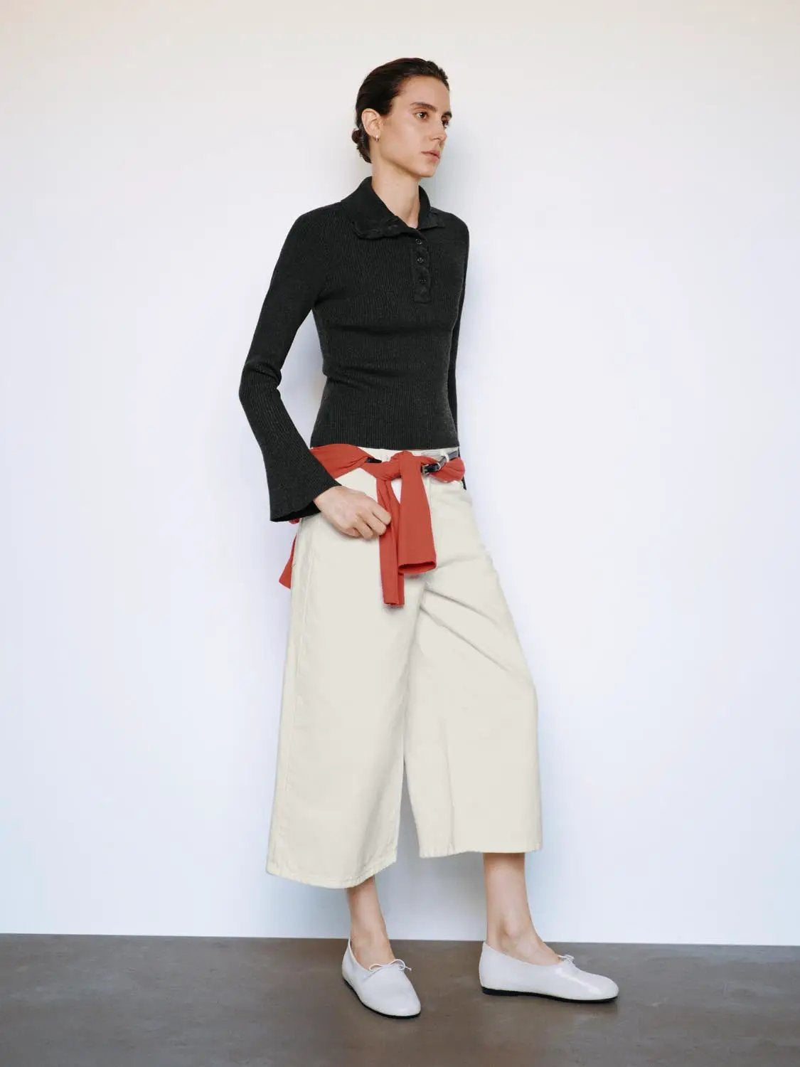 Ribbed Button Front Flared Mock Neck Long Sleeve Sweater